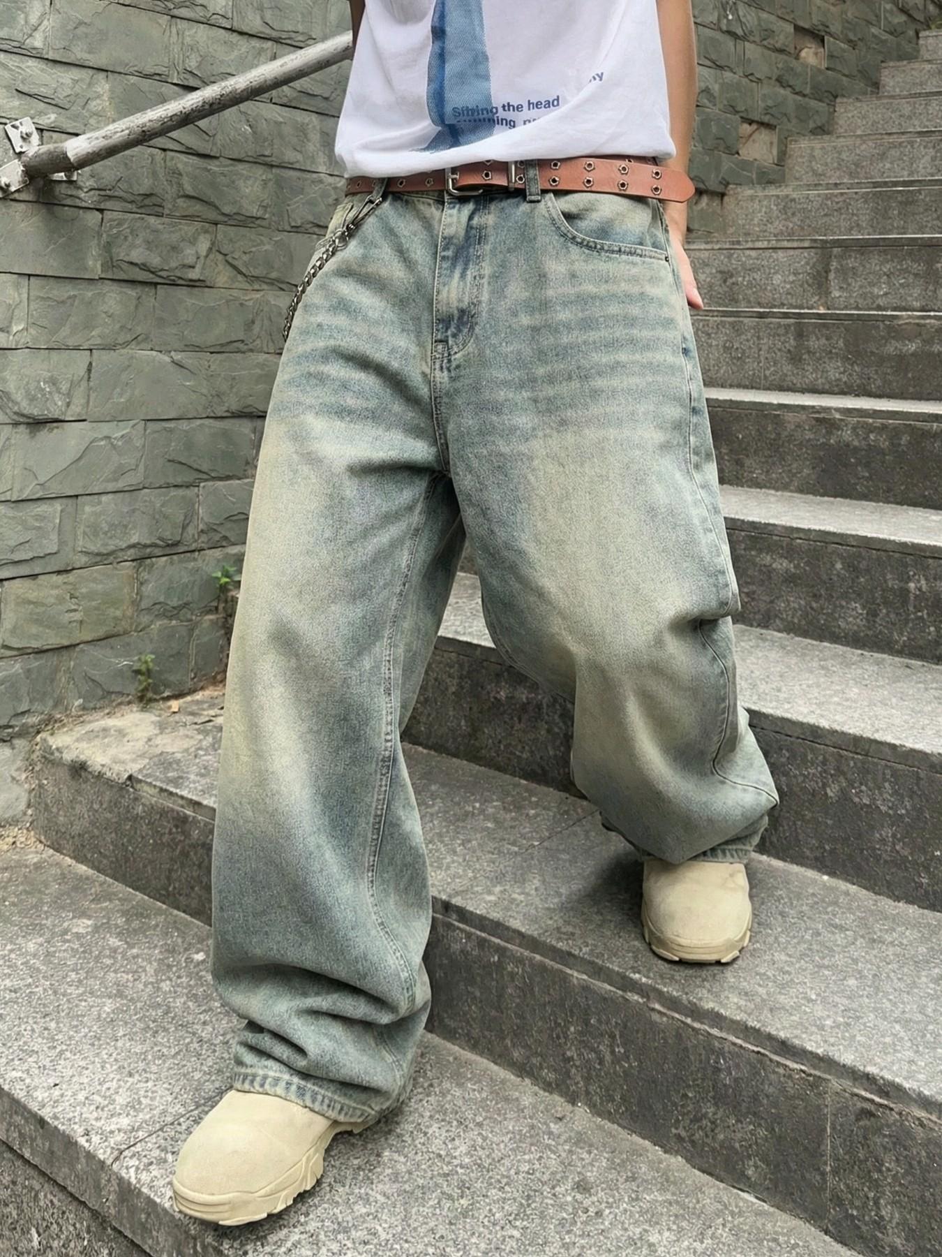 Men's Vintage Washed Loose Fit Wide Leg Jeans Pants, Menswear Long Y2K Street Style Denim Jeans, Perfect Gift for Boyfriend & Husband