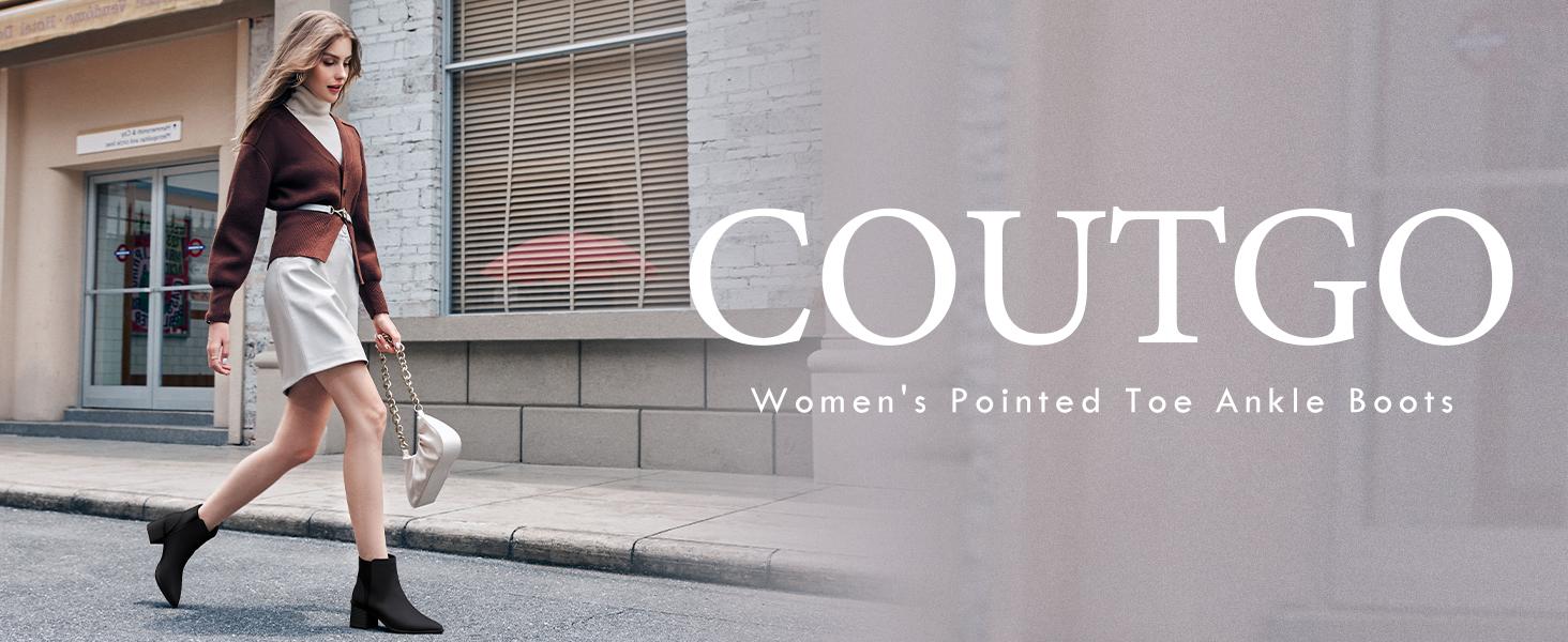 Coutgo Womens Pointed Toe Ankle Boots Elastic Chunky Block Stacked Mid Heel Slip On Chelsea Booties