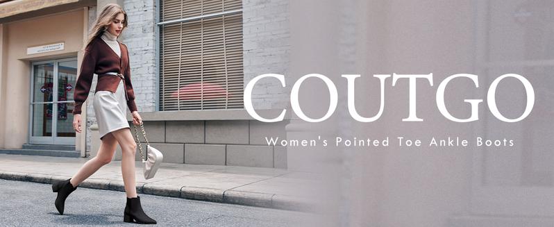 Coutgo Womens Pointed Toe Ankle Boots Elastic Chunky Block Stacked Mid Heel Slip On Chelsea Booties