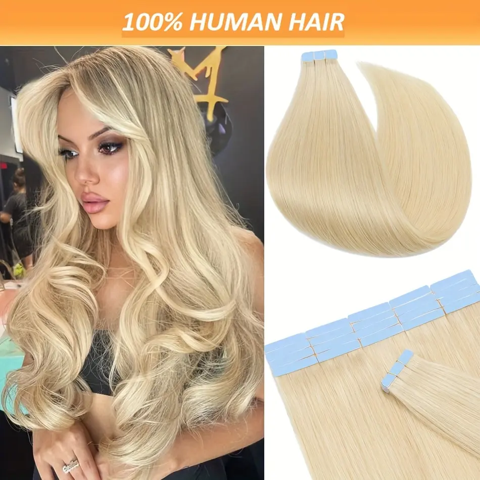 20‑40‑60Pcs‑Per‑Pack Straight Real Human Hair Tape‑In Extensions for Women, 16‑28 Inch Natural Soft Hair in Black, # 4/27 & # 613 Blonde Shades, Seamless Invisible Tape‑In Hair Suitable for All Hair Types & Ethnicities