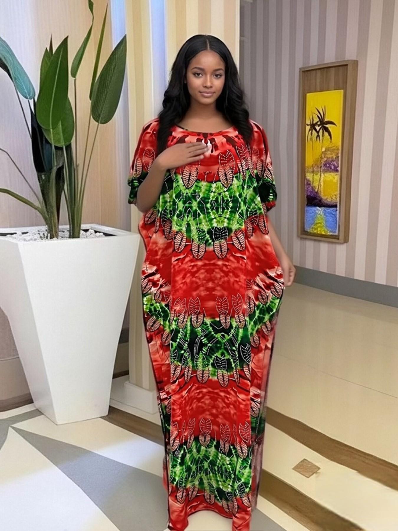 Summer New Fashion African Kaftan, Plus Size Loose Print Rhinestone Dress, Breathable Comfortable Elegant Party Long Dress, Matching Scarf Fringe