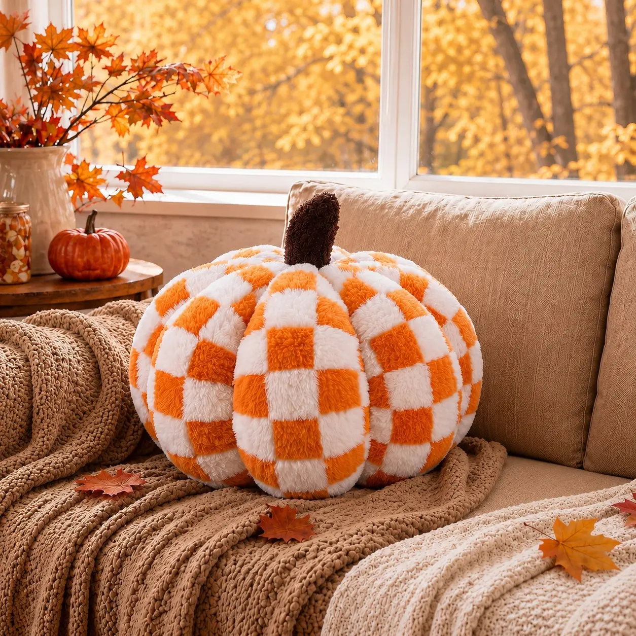 1pc 3D Plush Pumpkin Cushion, Comfortable Fall Farmhouse Sofa Decor, Essential Home Soft Furnishings, Perfect Gift for Friends and Family
