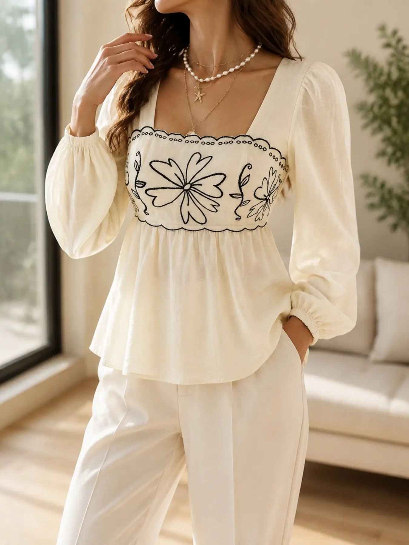 Women’s Embroidered Square Neck Blouse, Puff Sleeve Peplum Top with Floral Detail, Romantic Casual Shirt, Cottagecore Summer Outfit, Boho Chic Vacation Fashion