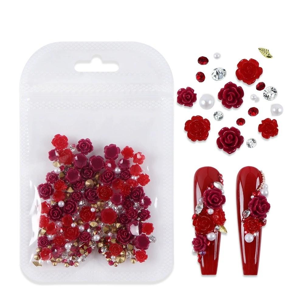 100pcs Valentine's Day Camellia Nail Decorations, Large Resin Rose with Rhinestones and Pearls, Romantic Nail Art Accessories