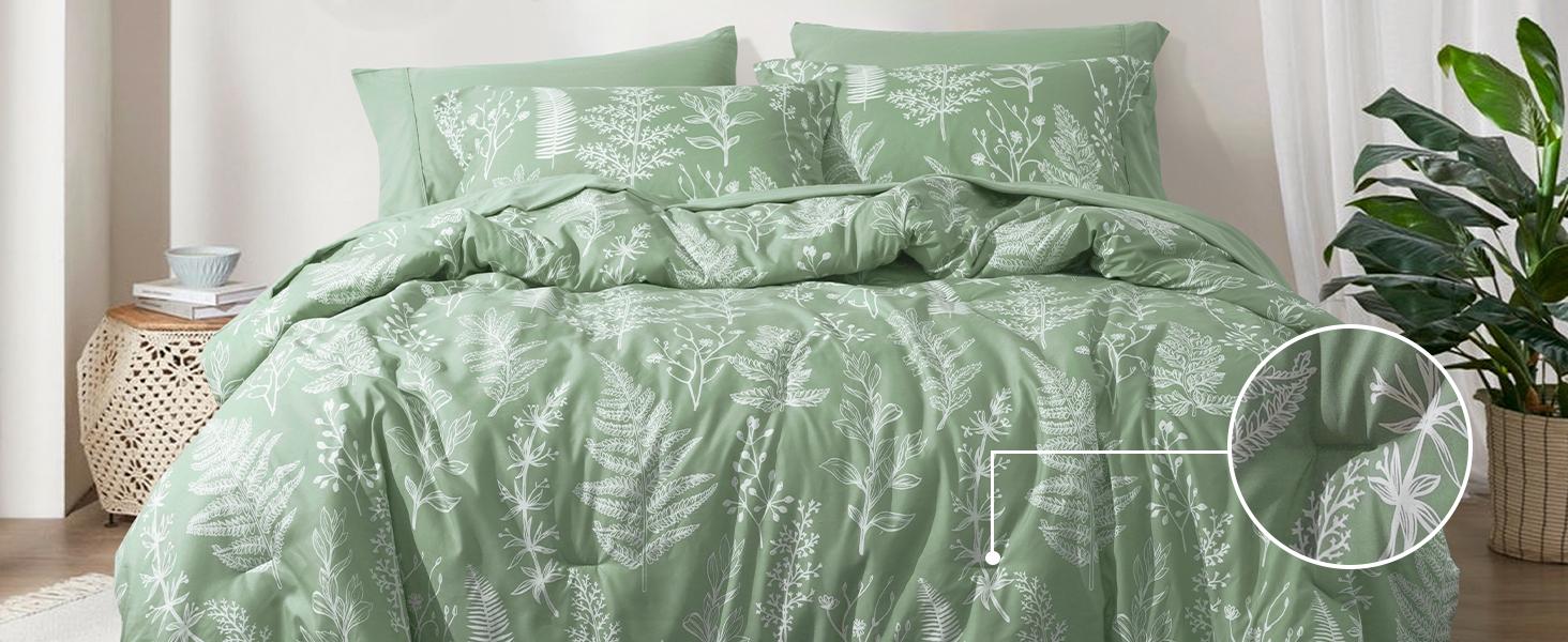 PHF 3/7 counts/set Comforter Set, Reversible Botanical Bedding Set Include Comforter, Pillow Shams, Flat Sheet, Fitted Sheet and Pillowcases