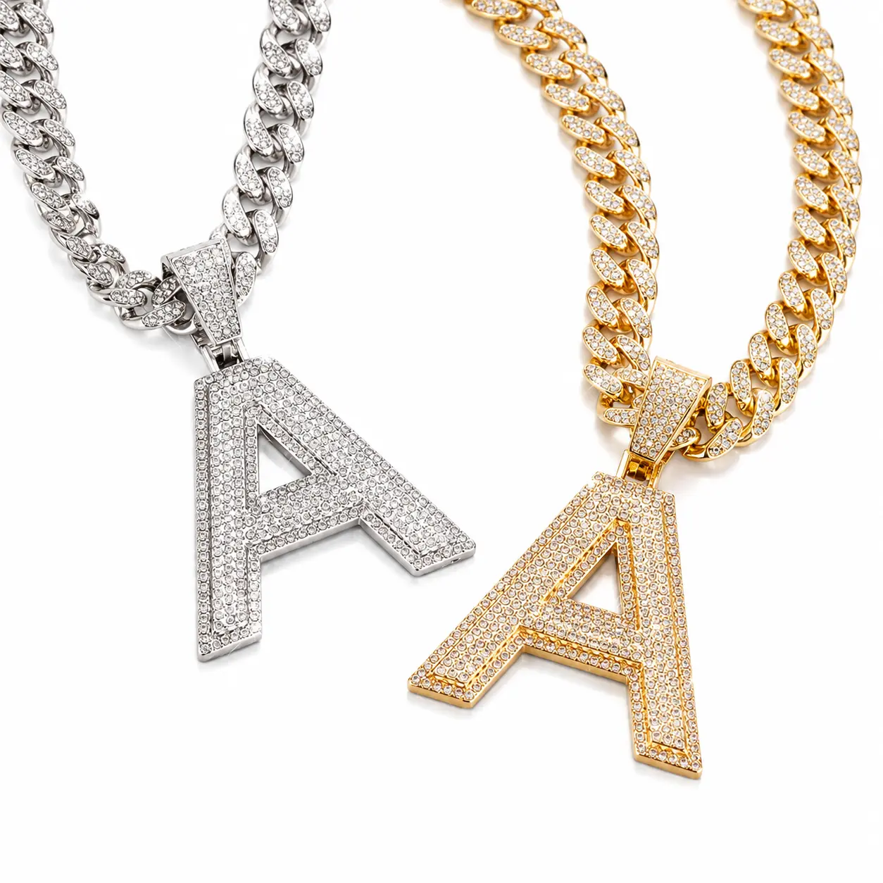 Iced Out Letter Pendant Necklace, Custom Initial Hip Hop Cuban Chain Necklace for Men & Women