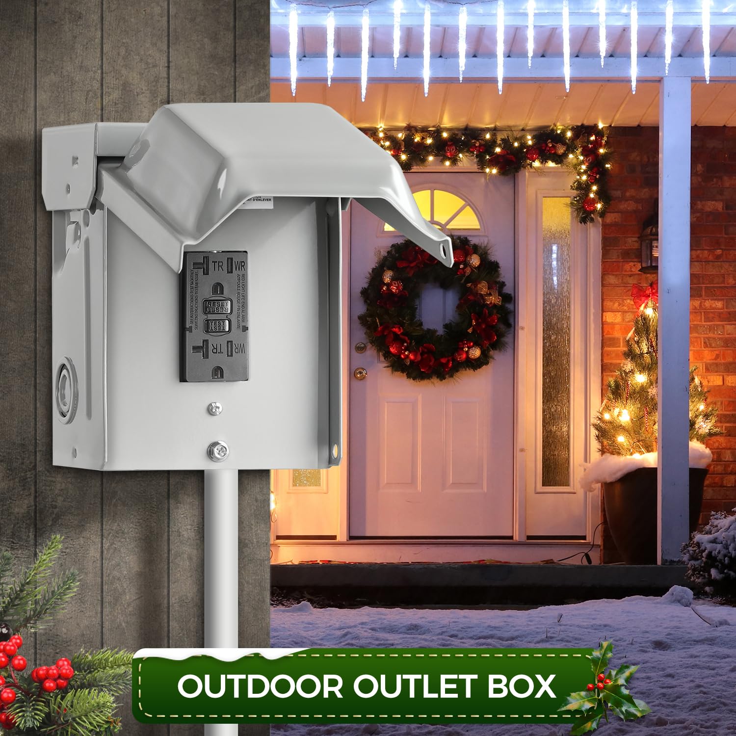 Outdoor Outlet Box, Metal Outdoor Electrical Outlet Box with 20 Amp WRTR GFCI Receptacles, Weatherproof 3R Enclosure, GFCI Outlet Box with Cover, ETL Listed, H03OB06 Outdoor Outlet Box, Metal Outdoor Electrical Outlet Box with 20 Amp WRTR GFCI Receptacles, Weatherproof 3R Enclosure, GFCI Outlet Box with Cover, ETL Listed, H03OB06