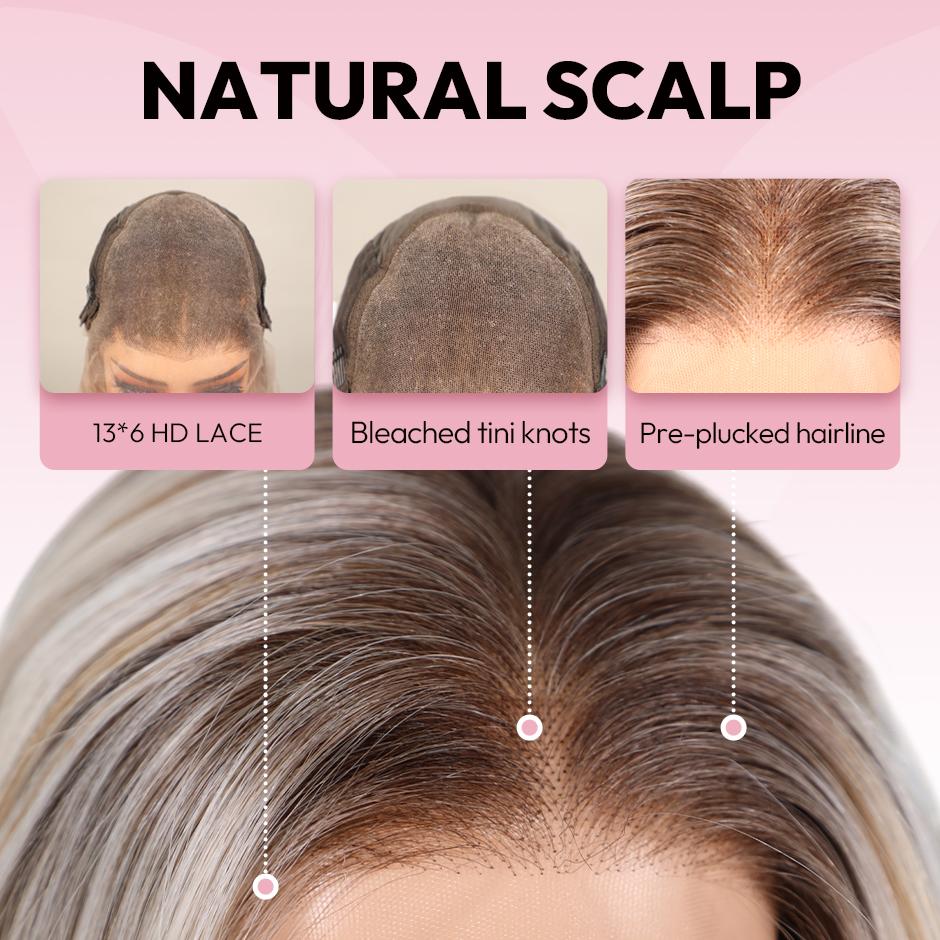 VSGIN 13*6 Blonde Highlight Synthetic Lace Wig Ombre Honey Brown and Blonde Color Synthetic Heat Resistant Fiber Realistic Appearance Bob Style and Long Wave Style