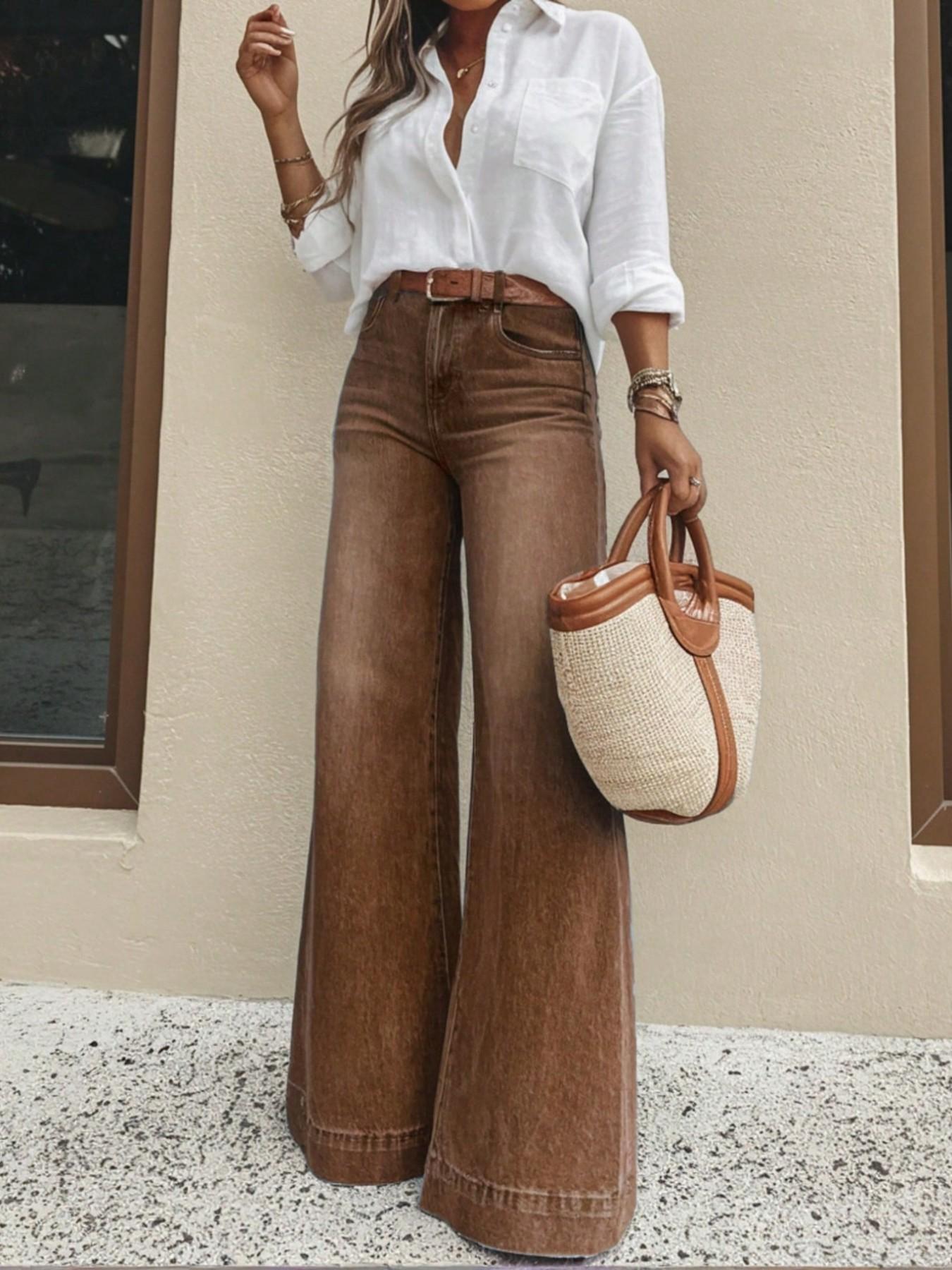 Women's High-Waist Wide Leg Jeans Bottoms, Chic Vintage Light Wash Blue Denim, Stretch Fabric, Butt-Lifting & Slimming, Loose Floor-Length, Casual Daily Wear