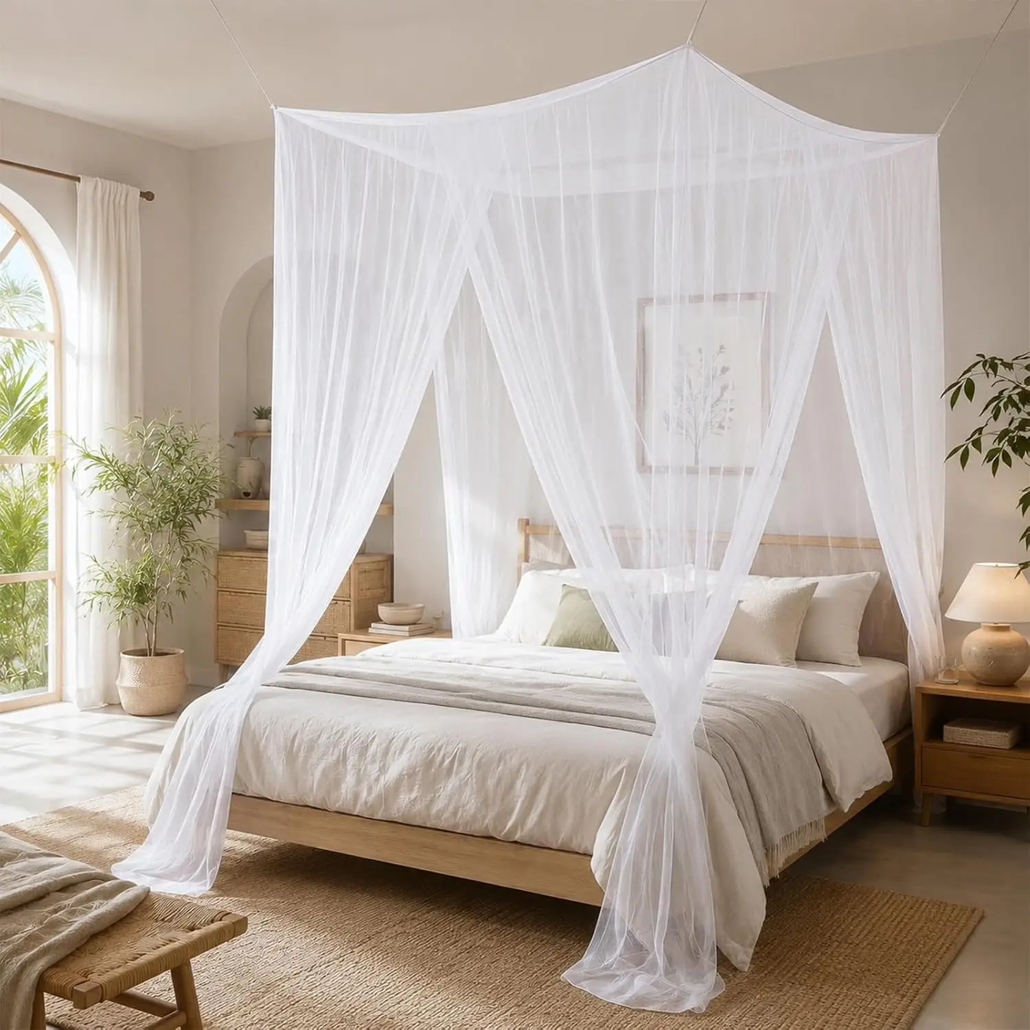 Bed Curtains for Full Queen King Size Bed, Net for Bed| 4 Corner Bed Canopies Drapes for Adults Girls, Bedroom Camping Bed Net Decor (White)