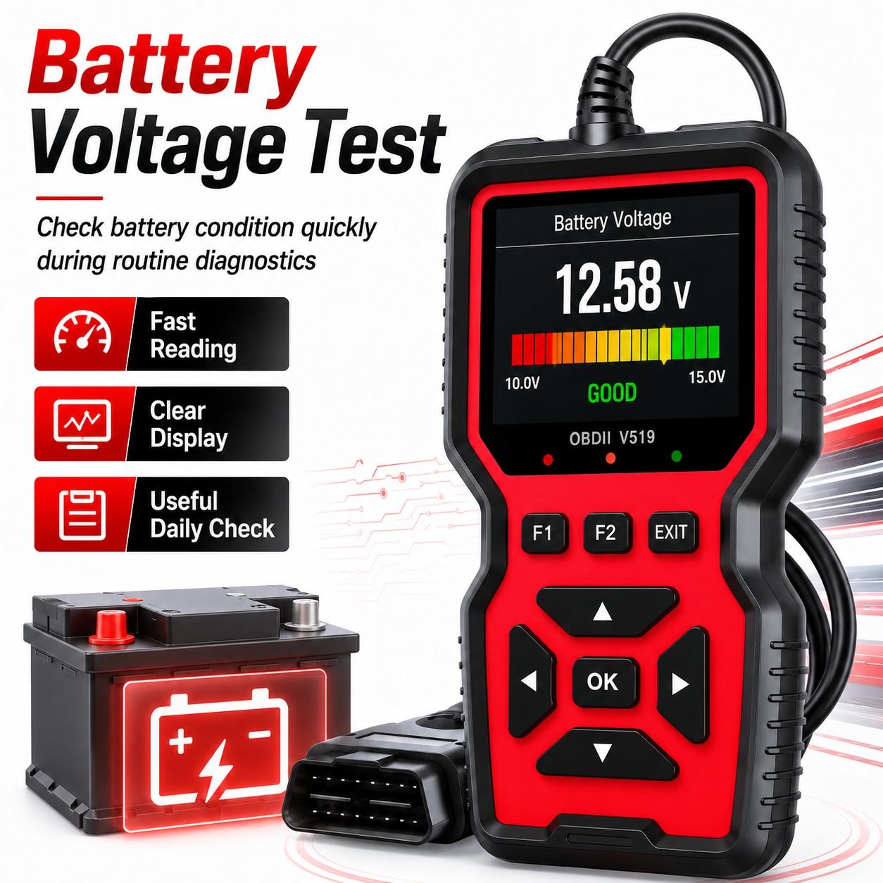 V519 Obd2 Scanner Diagnostic Tool, Engine Fault Code Reader, Live Data Stream, O2 Sensor Test, Battery Voltage Test for 12V Vehicles