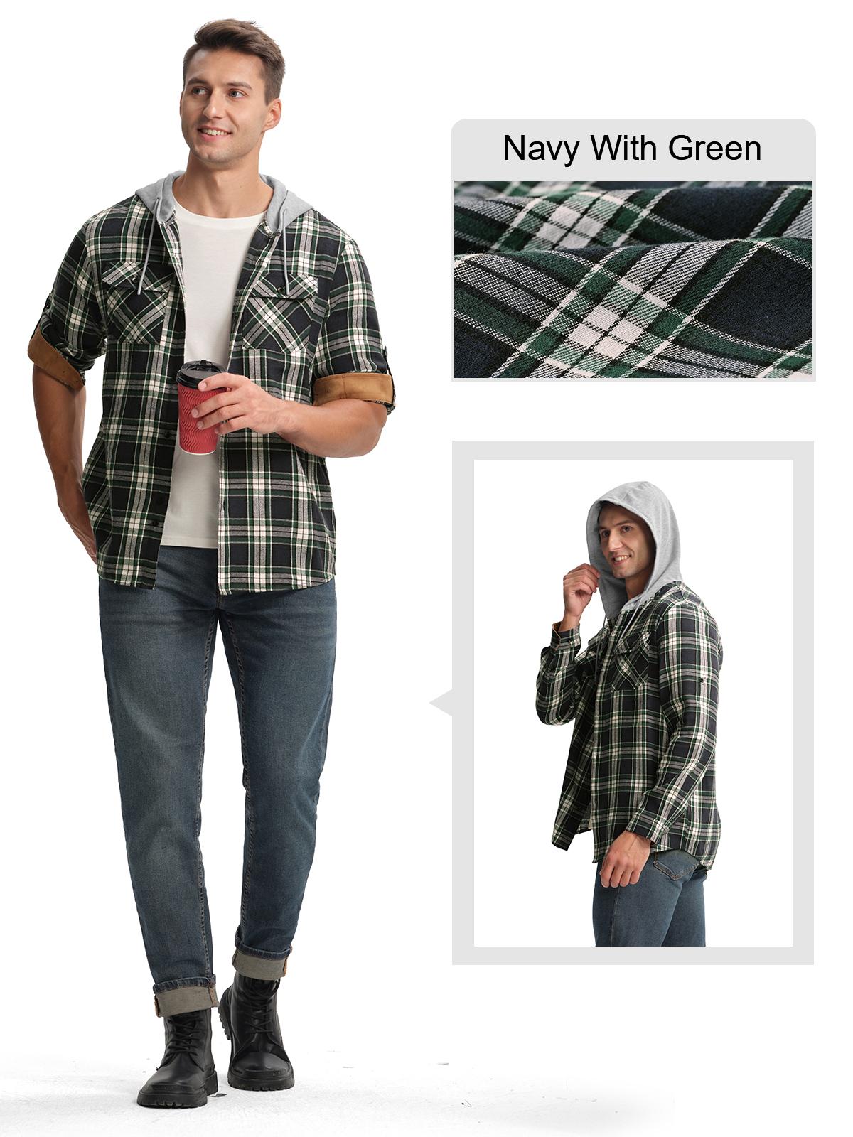 Gopune Men's Casual Flannel Plaid Button Hooded Shirts Lightweight Outdoor Jacket