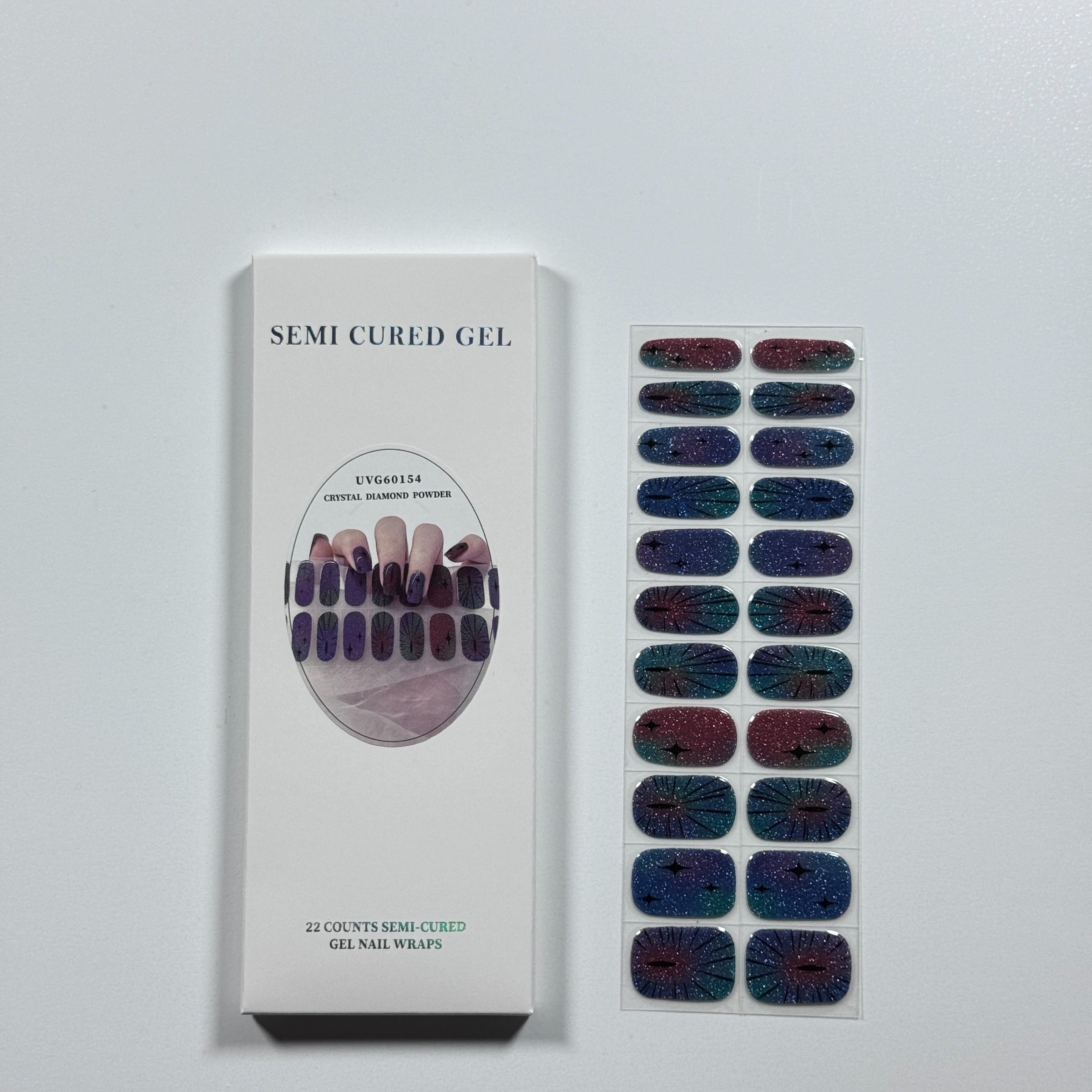 Alien Code Midnight Diamond Dust Nails, Irregular Multi-Color Stains with Abstract Sci-Fi Lines, Half-Cured Gel Nail Strips for DIY Home Use