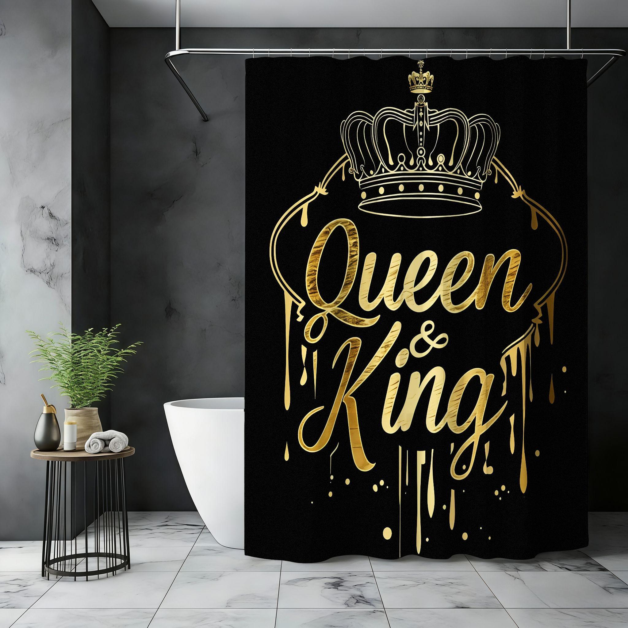 Luxurious Shower Curtain with Design, Queen & King Cursive, Crown Illustration, Ideal for Regal Bathroom Decor