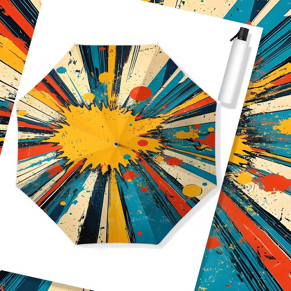 Comic Explosion Wind Resistant Foldable Automatic Umbrella Vintage Splatter Bold Colors, Functional Photo Prop, Portable 8 Ribs, Great Gift for Christmas & Valentine's Day