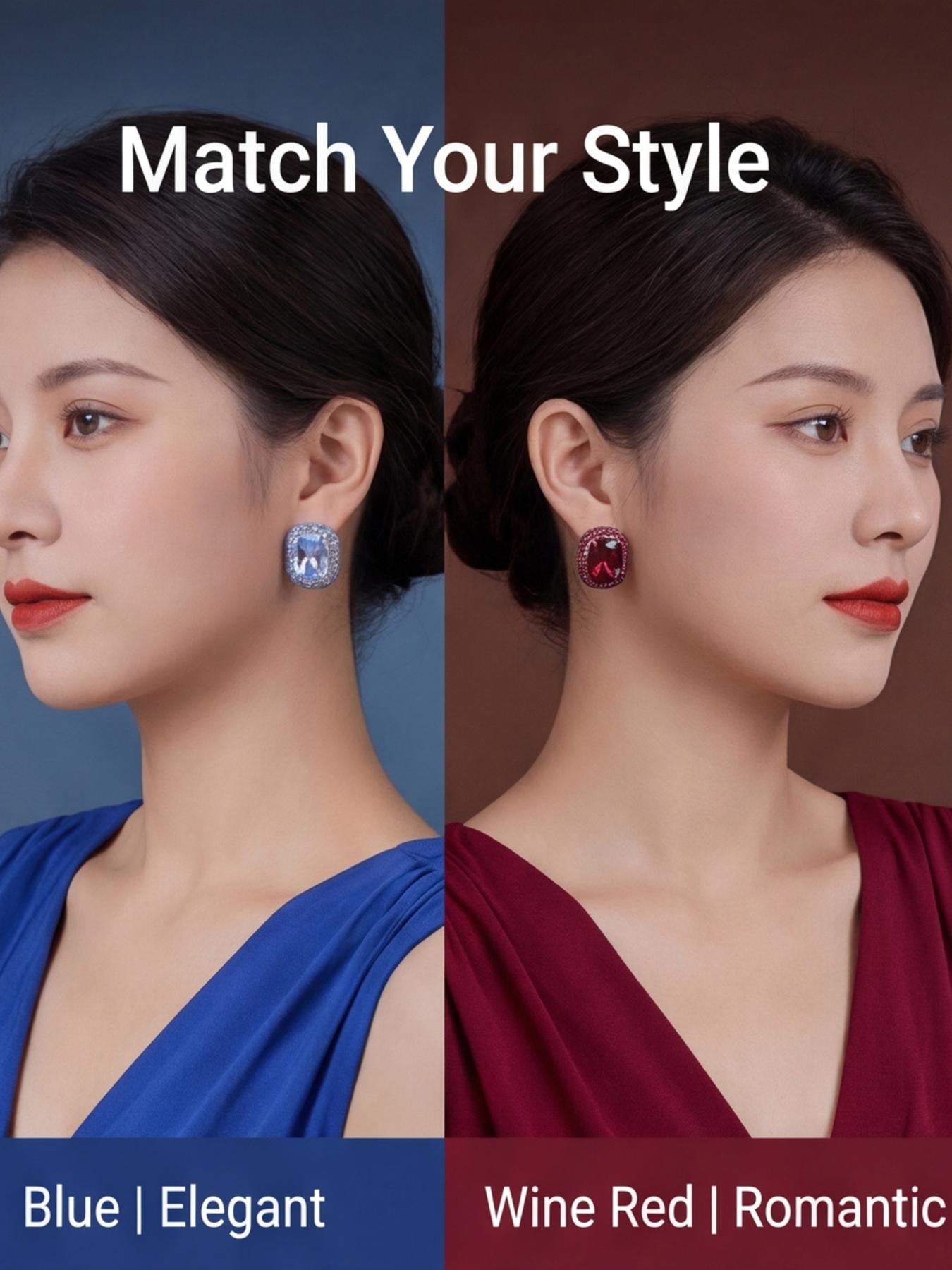 Women's Hypoallergenic Luxury Cushion Cut Blue Sapphire Crystal Stud Earrings, Gold Plated Halo Rhinestone Inlaid Statement Earrings for Evening Party Wedding Formal Wear & Gift