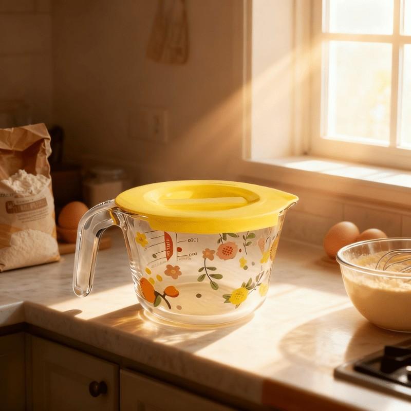 Large Capacity Glass Measuring Cup with Scale, Microwave Safe, Borosilicate Glass, BPA Free, Kitchen Essential, Elegant Floral Design