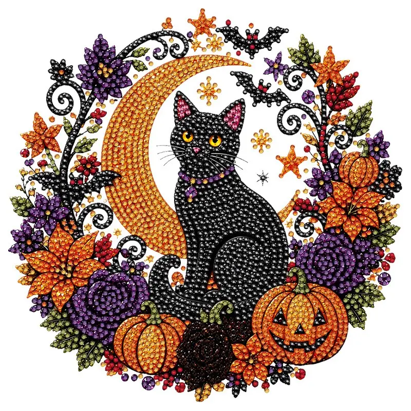 Halloween Diamond Painting Kit - Black Cat Moon & Skull Pumpkin Acrylic Art Set, DIY Paint with Diamonds for Kids Adults, Festive Craft Gift