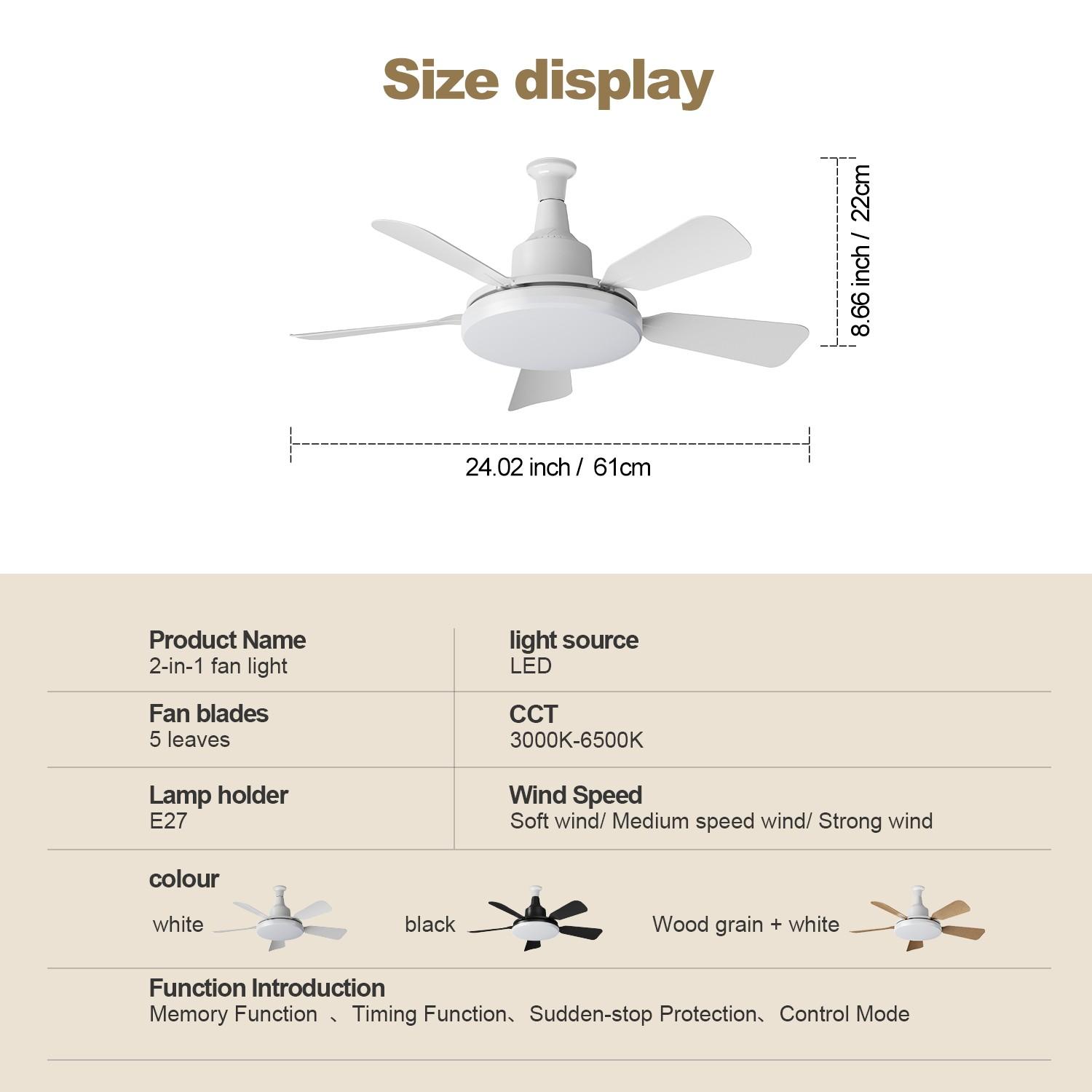 24-Inch Compact Two-In-One Fan Light, Adjustable Brightness, Timer Function, Three Speed Settings, Ideal for Small Living Rooms, Dining Rooms, Workspaces, Bedrooms