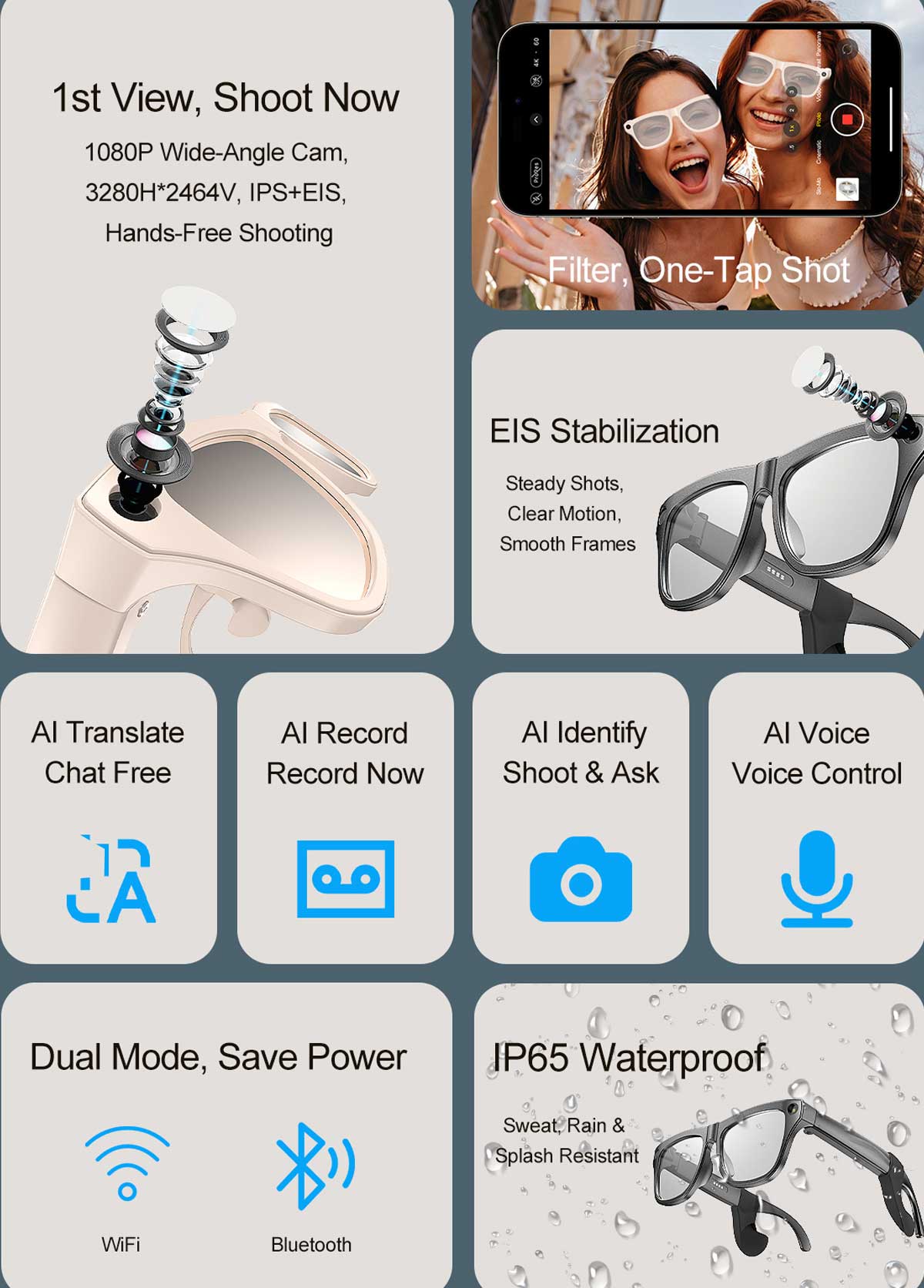 xk one pro AI wireless photo-taking glasses, equipped with an 800W camera for taking photos, AI object recognition, making and receiving calls, body-worn detection, AI translation, voice activation. Note: This product cannot record videos.