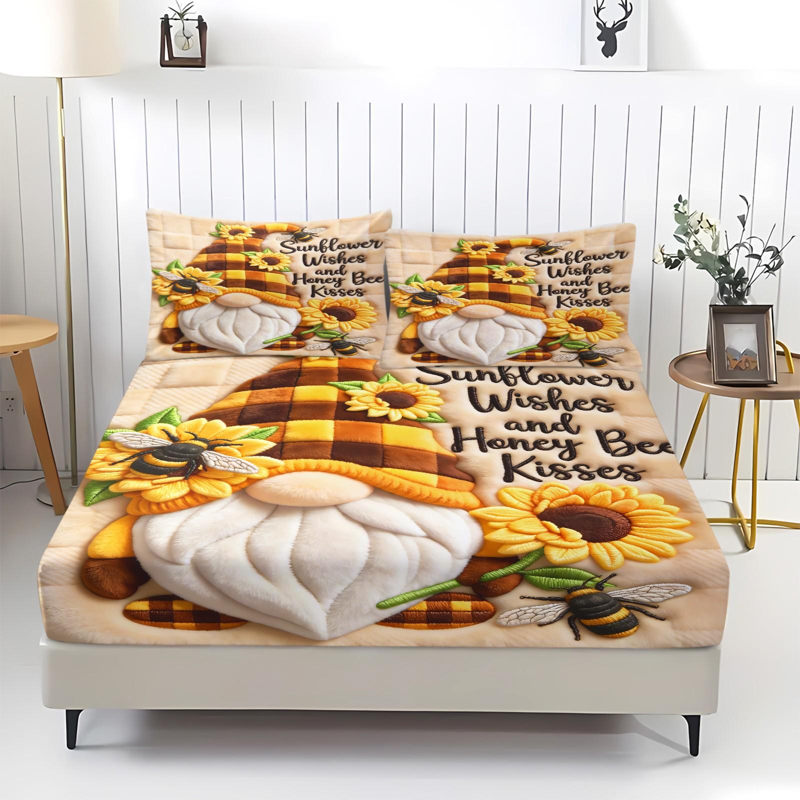 Cure-Style Sunflower Print Bed Sheet Set, Plush Warm Bedding with 2 Coreless Pillowcases, Cozy Bedroom Decor, Mattress Cover Clb452