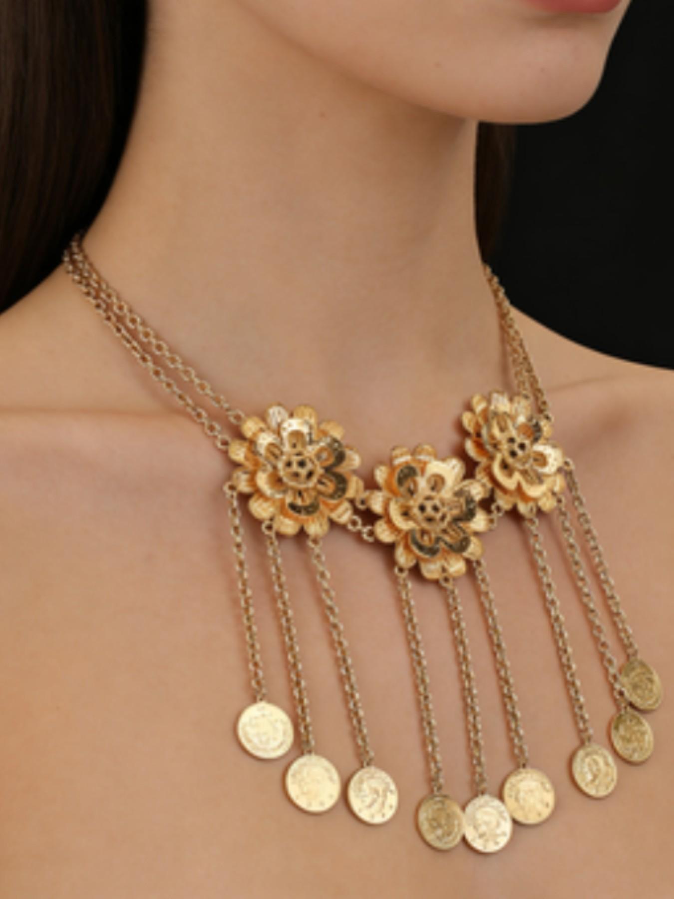 Vintage Turkish Flower Gold Coin Bell Necklace, 18k Gold Plated Luxury Exotic Pendant, Elegant Geometric Design, All Seasons Accessory