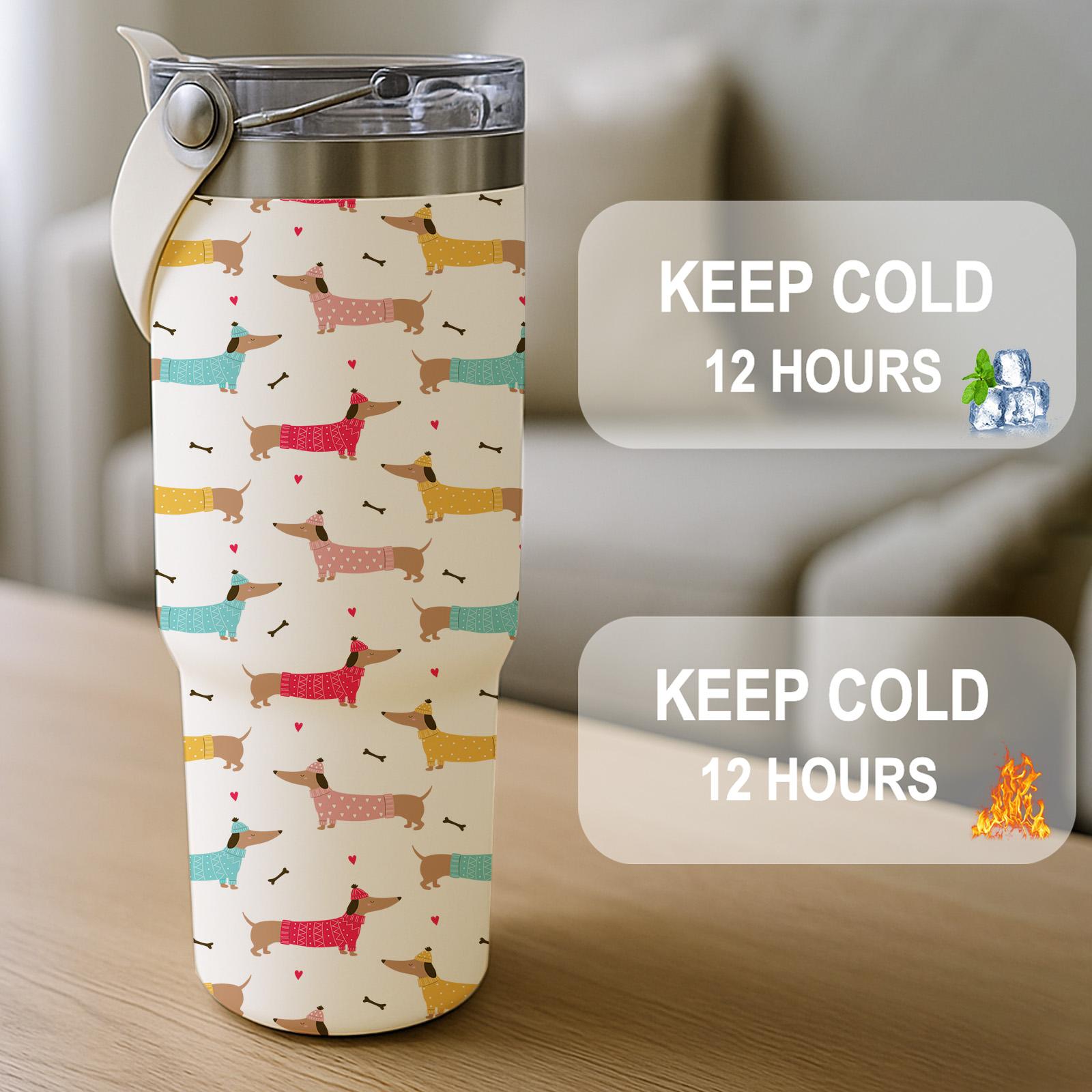 Dog moms NEED this 30oz dachshund tumbler, Hot coffee 12H, iced drinks 24H, cutest travel cup ever! Insulated Travel Drinkware