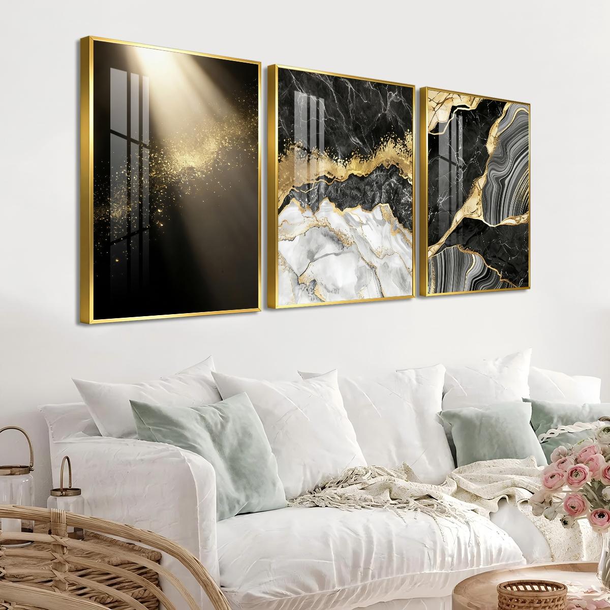 3 Counts Aluminum Alloy Framed Painting, Abstract Black Gold Marble Texture Pictures, Home Decoration For Living Room, Bedroom, Office, Restaurant, Hallway Wall Decor, Odorless Print Artwork, Luxury Perfect Gift For Friends And Family