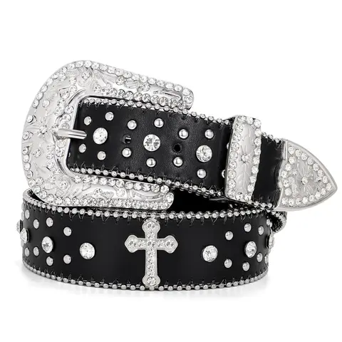 XZQTIVE Unisex Heavy-Duty Cowhide Cross-Design Embellished Leather Rhinestone Belt - Studded Belt Buckles, Western Cowgirl Cowboy Bling Style, Fashion-Fusion Accessory for Jeans & Dresses, Back to School Outfits