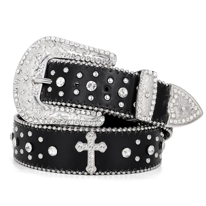 XZQTIVE Unisex Heavy-Duty Cowhide Cross-Design Embellished Leather Rhinestone Belt - Studded Belt Buckles, Western Cowgirl Cowboy Bling Style, Fashion-Fusion Accessory for Jeans & Dresses, Back to School Outfits