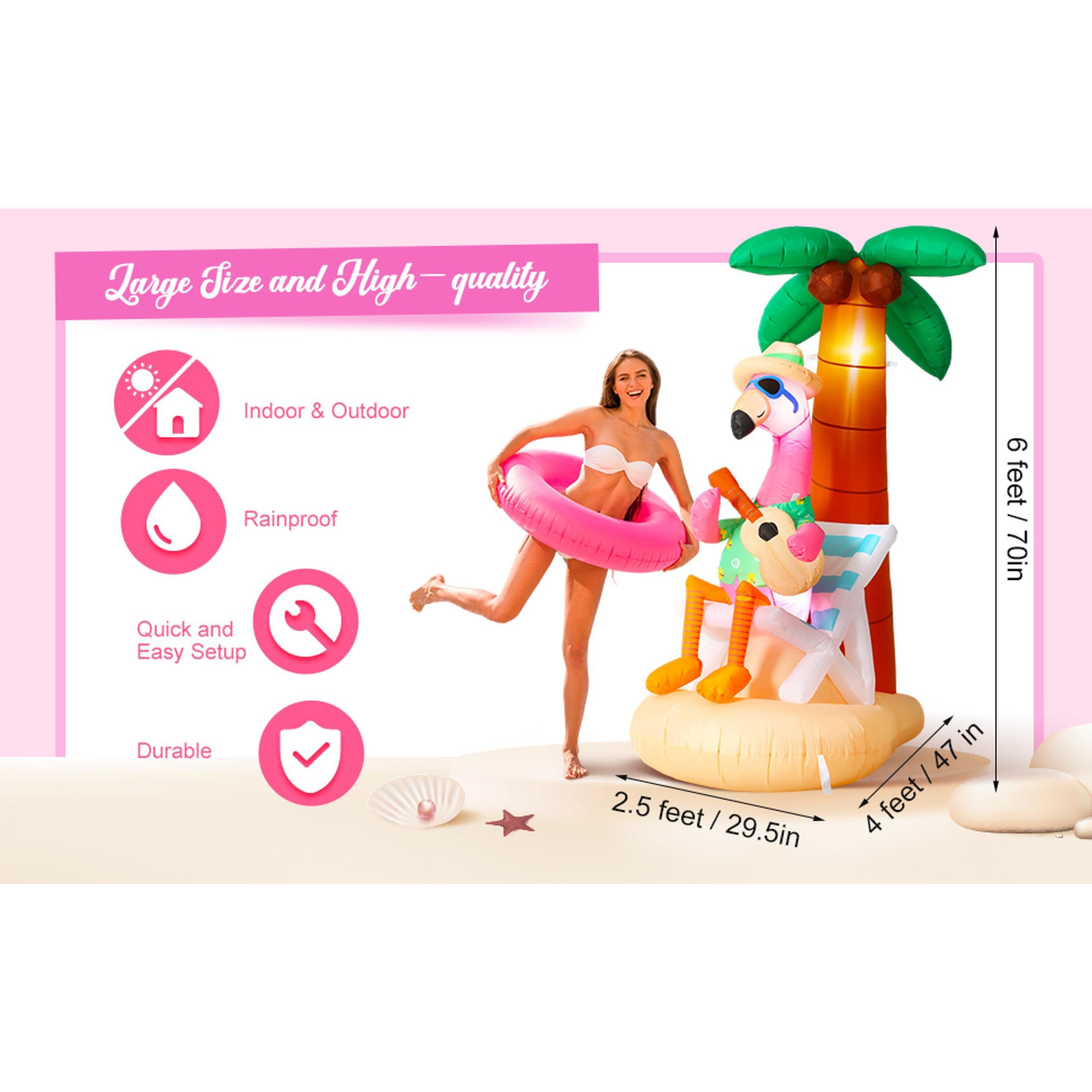 6 ft Inflatable Flamingo with Coconut Tree, Bright LED Lights, Built-in Blower & Plugs - Easy Installation Aloha Luau Decor for Outdoor Home Garden Pool Beach Party (Pet-Friendly Outdoor Celebration Accessory), Hawaiian, Colleagues, Family, Beach Chair
