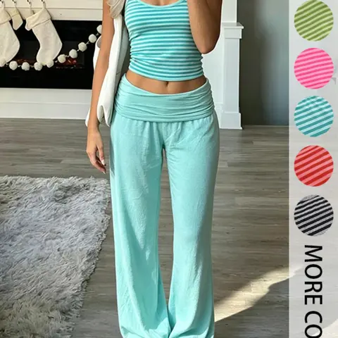 Striped Fresh Casual Basic Home Wear Suit, Streetwear Basic Y2K Elastic Tank Top+ Long Pants Two-Piece Set, Comfortable Stylish Knit Daily Twinset, Striped Loungewear Set