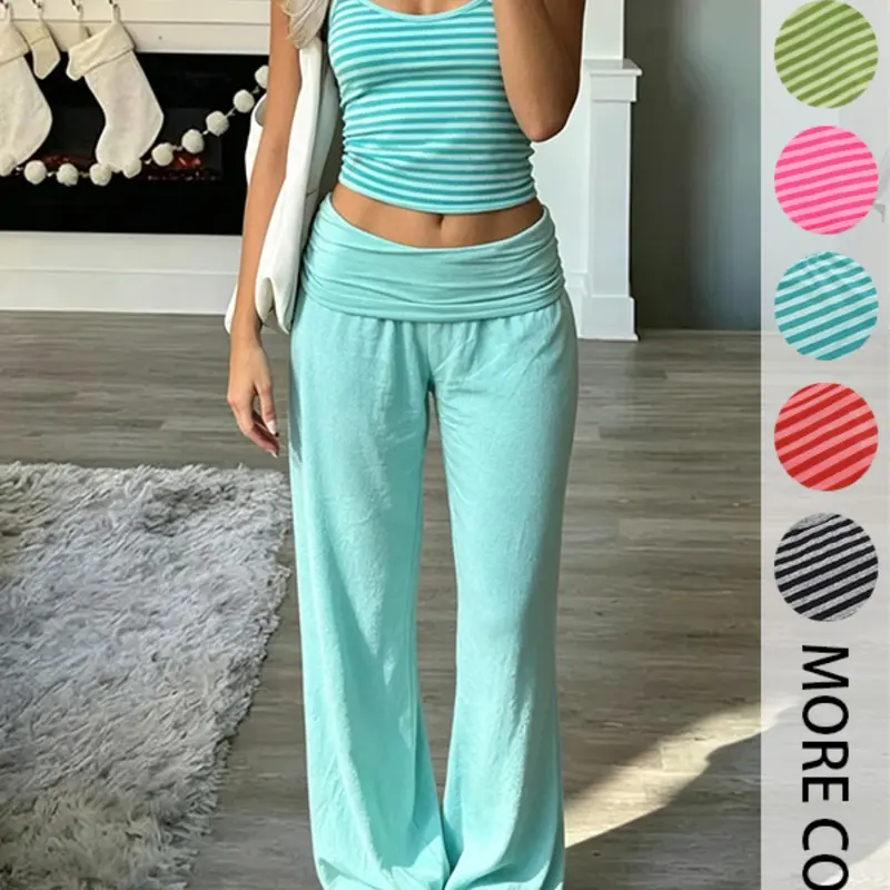 Striped Fresh Casual Basic Home Wear Suit, Streetwear Basic Y2K Elastic Tank Top+ Long Pants Two-Piece Set, Comfortable Stylish Knit Daily Twinset, Striped Loungewear Set