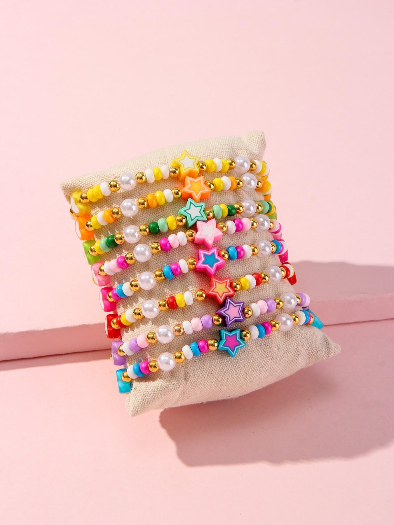 8pcs/set Multicolor Acrylic Heart Star Glass Pearl Beaded Bracelets, Girls' Party Gifts, All Seasons Fashion Accessories