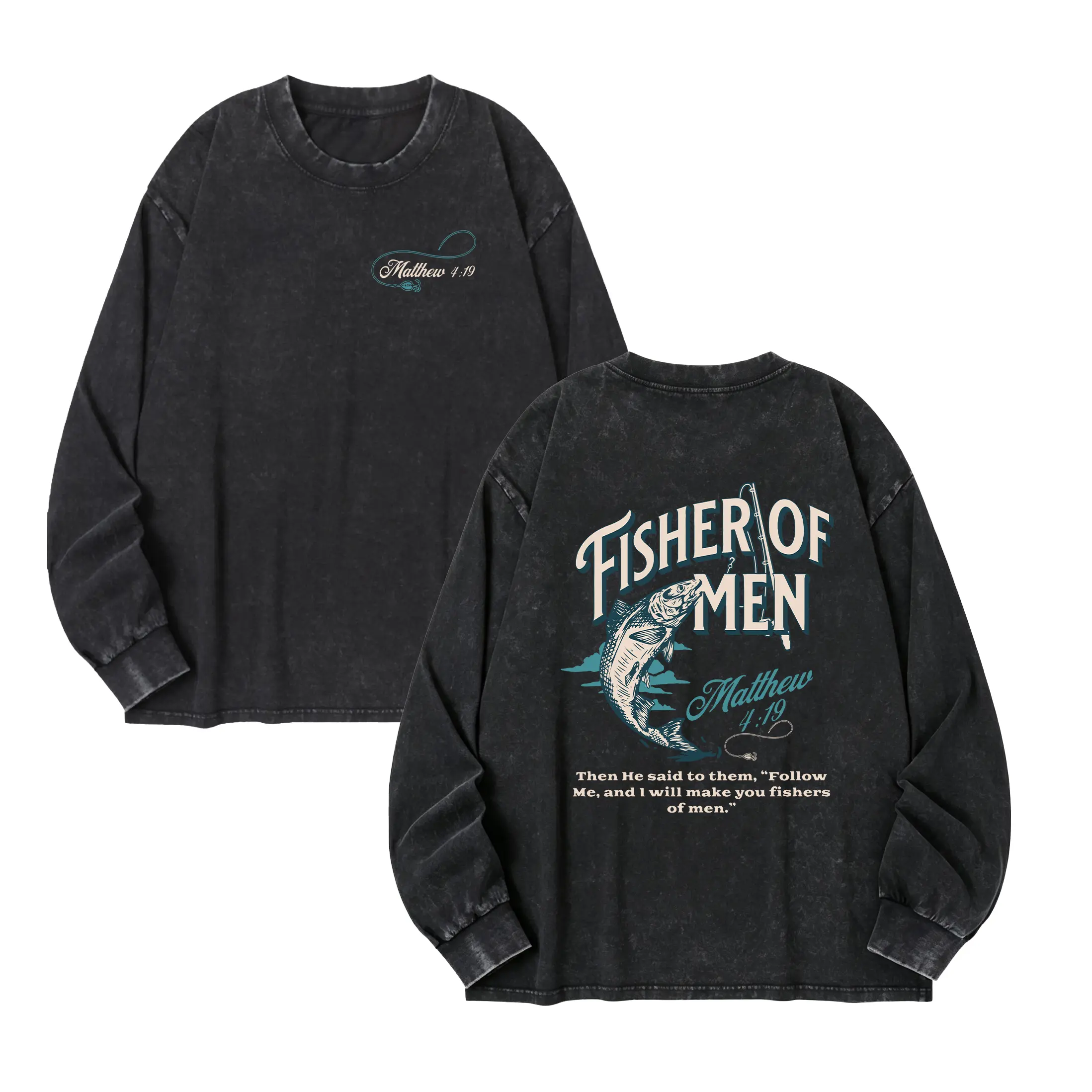 Fisher of Men Matthew 4:19 Washed Crewneck Sweatshirt | Christian Fishing Faith Sweatshirt, Retro Christian Fisher of Men Fish Pole Sweatshirt | Matthew 4:19 Faith Oversized Top, Unisex for Men & Women