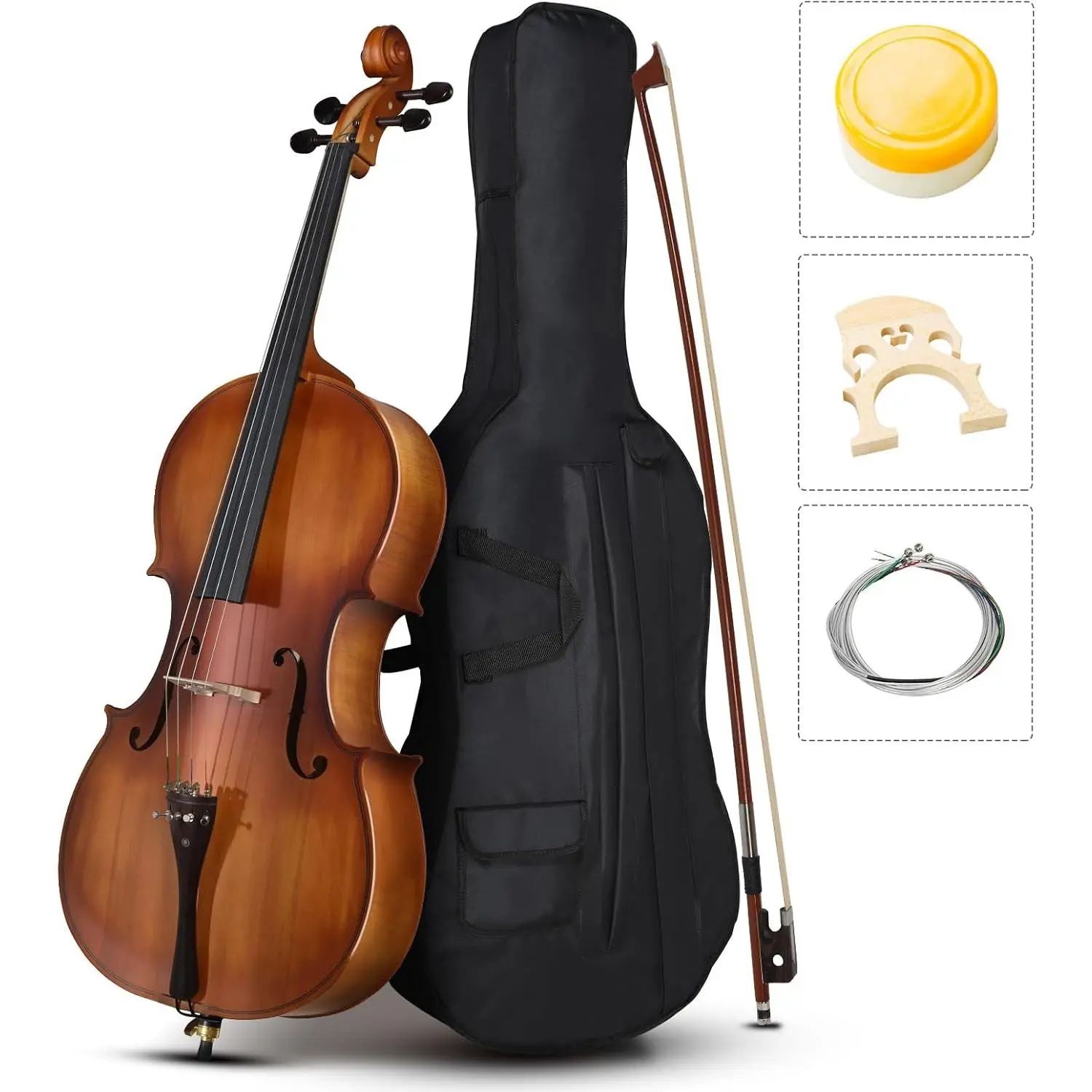 Glarry 4/4 Full Size 4-String Classic Acoustic Cello with Solid Spruce Top, Bow, Rosin, Padded Bag, Strings Set (Matte), Classic String Instruments