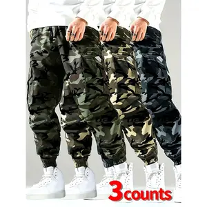 3pcs Men'S Camouflage Cargo Pants - Minimalist Streetwear Style with Multiple Pockets, Elastic Waistband & Drawstring, Lightweight Outdoor Casual Joggers for Hiking, Urban Hip-Hop Fashion, Hiking Pants, Hiking Attire, Durable Fabric