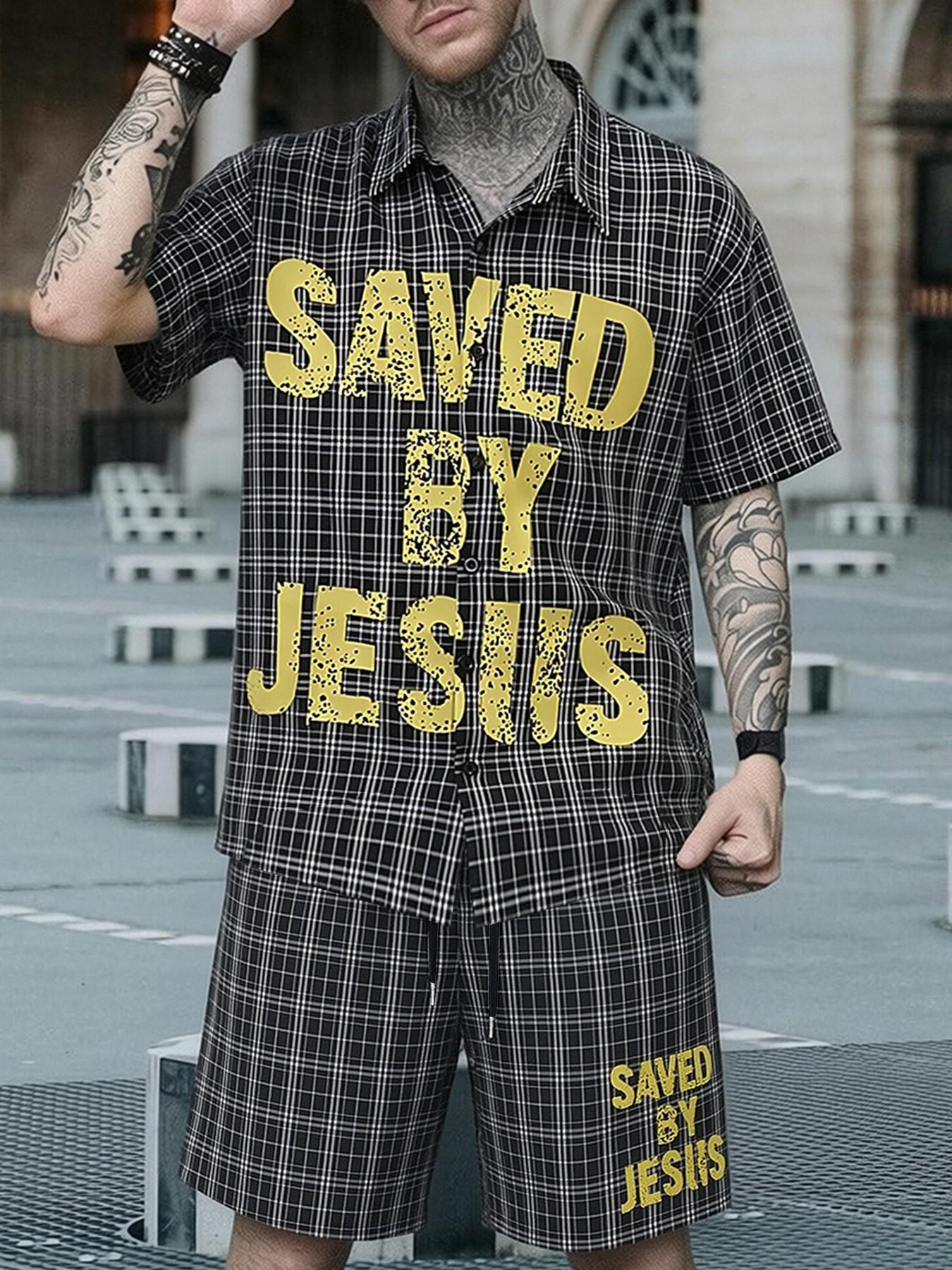 Men's Christian Two-Piece Set, Plaid Shirt + Shorts, Faith Lover Casual Streetwear, Jesus Saved, Religious Fashion