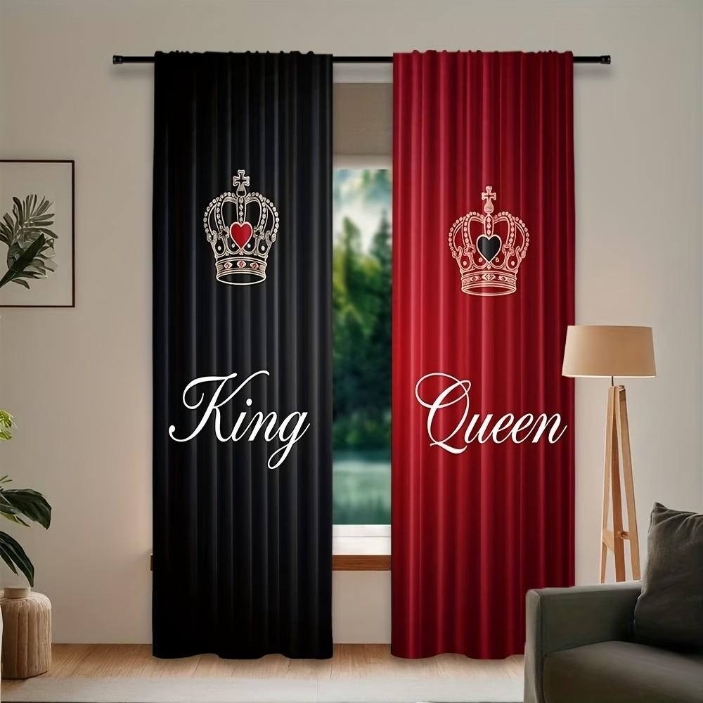 2 pieces of black text and golden crown artistic design printed curtains for king and queen. Made of polyester, semi-transparent material, machine washable. Suitable for bedrooms, living rooms and home decoration.