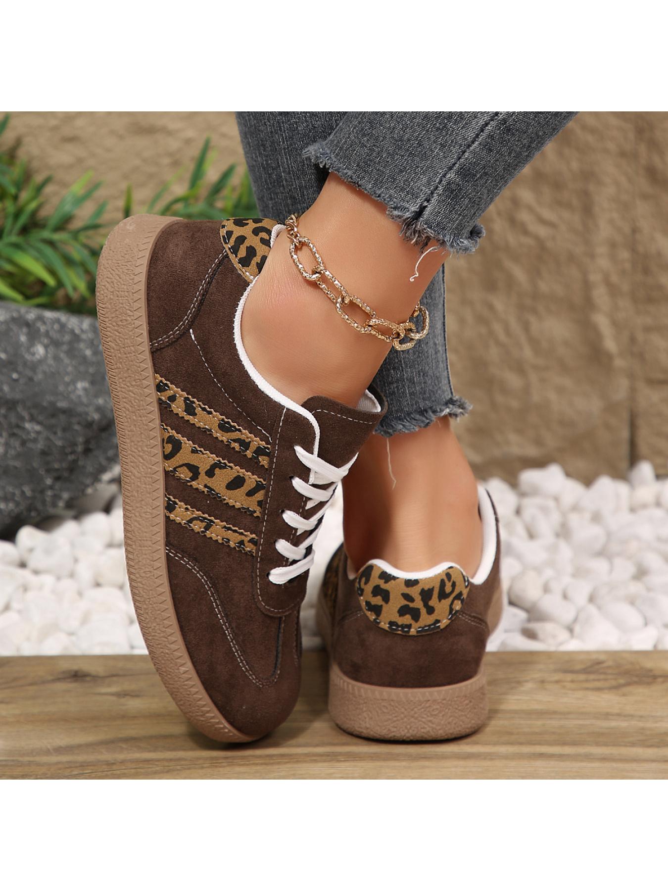 Women's 2.5cm Platform Leopard Print Sneakers, Black/Beige, Retro 3-Stripe Casual Shoes