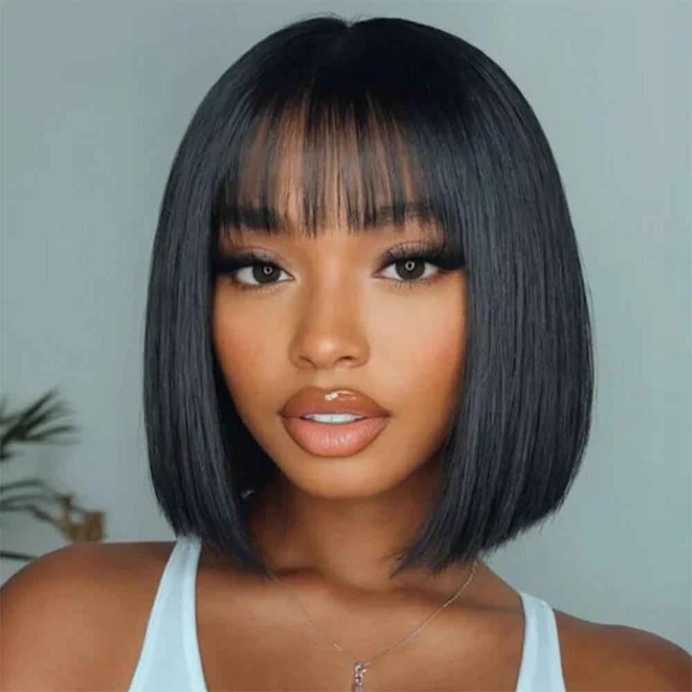 Human Hair Bob Wigs With Bangs Straight Short Human Hair 4x1 Transparent Lace Glueless Blunt Cut Silk Wear and Go Lace Wig Natural Color Breathable Bangs for Women SpringStatements