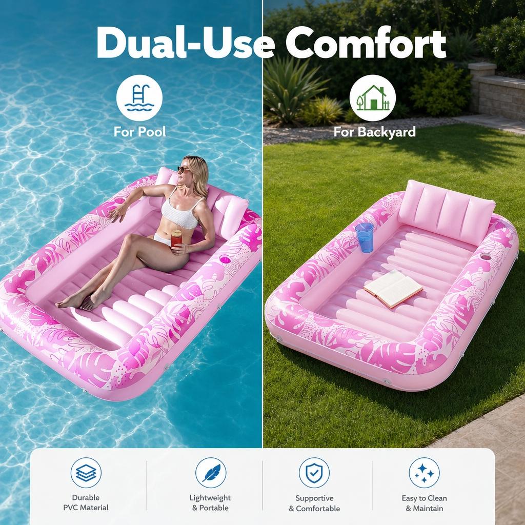 Inflatable Sun Lounger Float Ring with Cup Holder, 70x46 Inch Extra Large Adult Float with Pillow, 4-In-1 Pool Float, Party Gift
