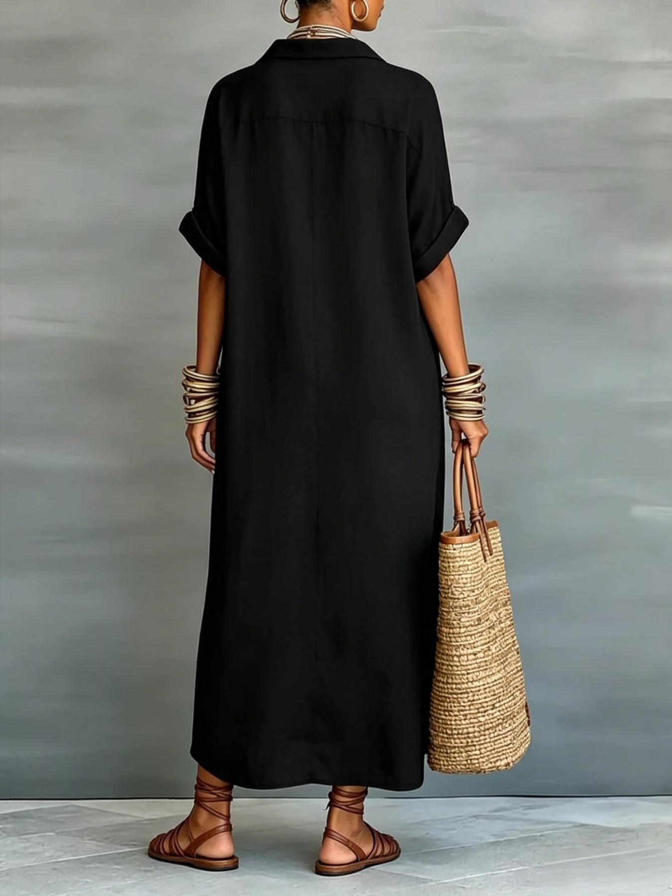 Women's Casual Colorblock Collared Button Front Long Dress, Boho Bohemian Lazy Style Short Sleeve Sun Protection Shirt Dress for Summer Vacation Boho Beach Sundress