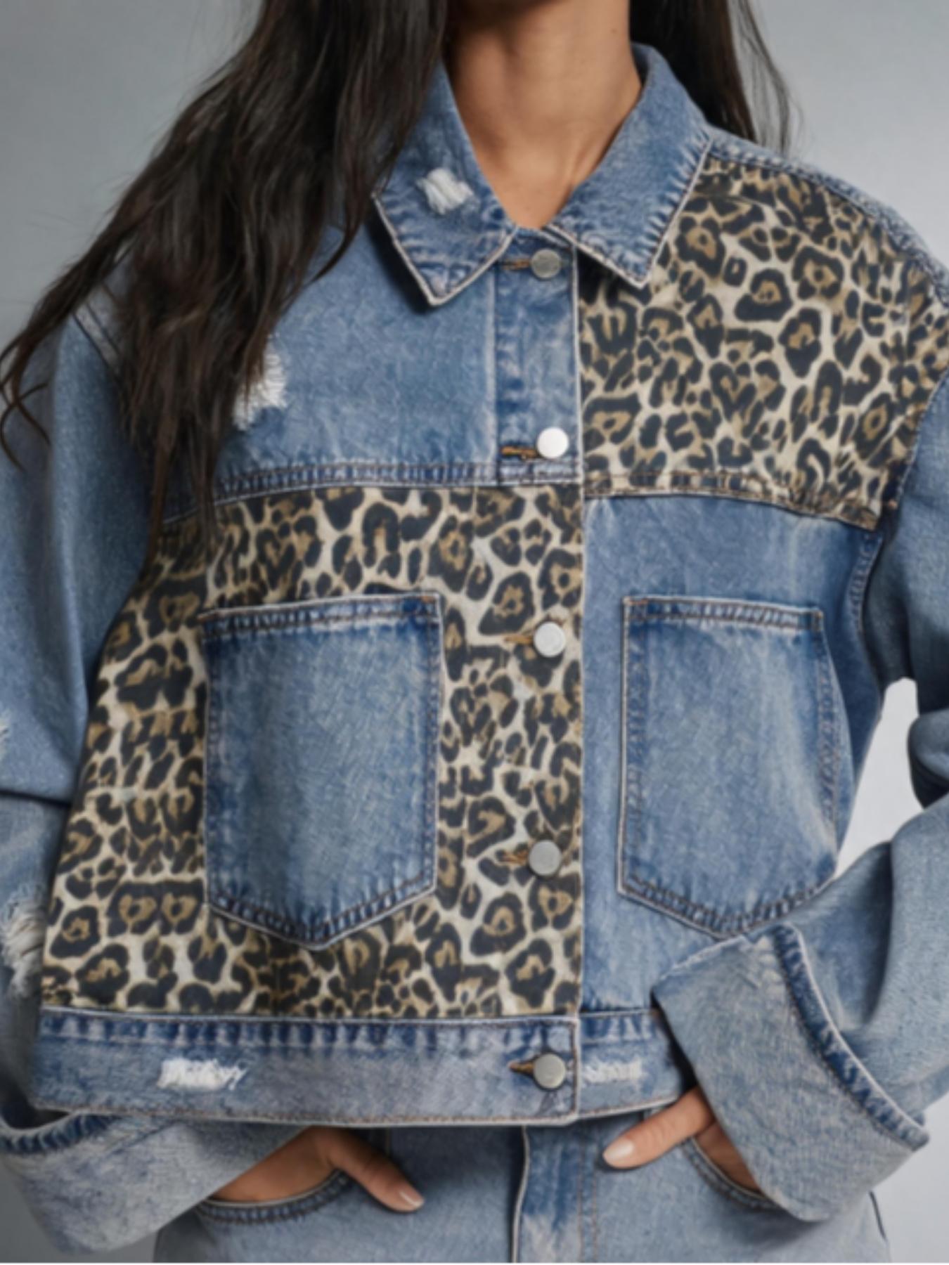 Women's Leopard Print Denim Jacket, Vintage Millennial Street Style, Loose Fit, Baggy, Long Sleeve, Button Closure, Casual Outerwear, Coats