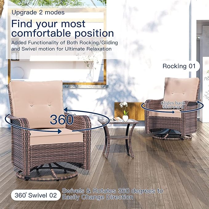 Kullavik 3 Pieces Patio Furniture Set with 4-inch Thick Cushion,360 Degree Swivel Rocking Chairs and Rattan Side Table for Garden,Porch,Backyard