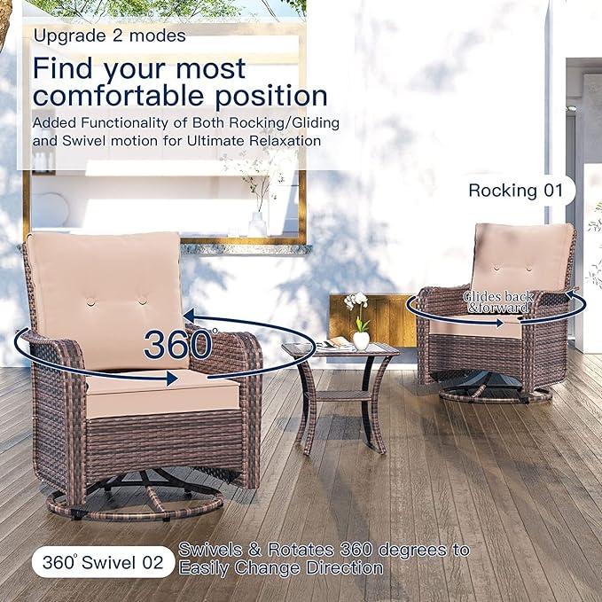 Kullavik 3 Pieces Patio Furniture Set with 4-inch Thick Cushion,360 Degree Swivel Rocking Chairs and Rattan Side Table for Garden,Porch,Backyard