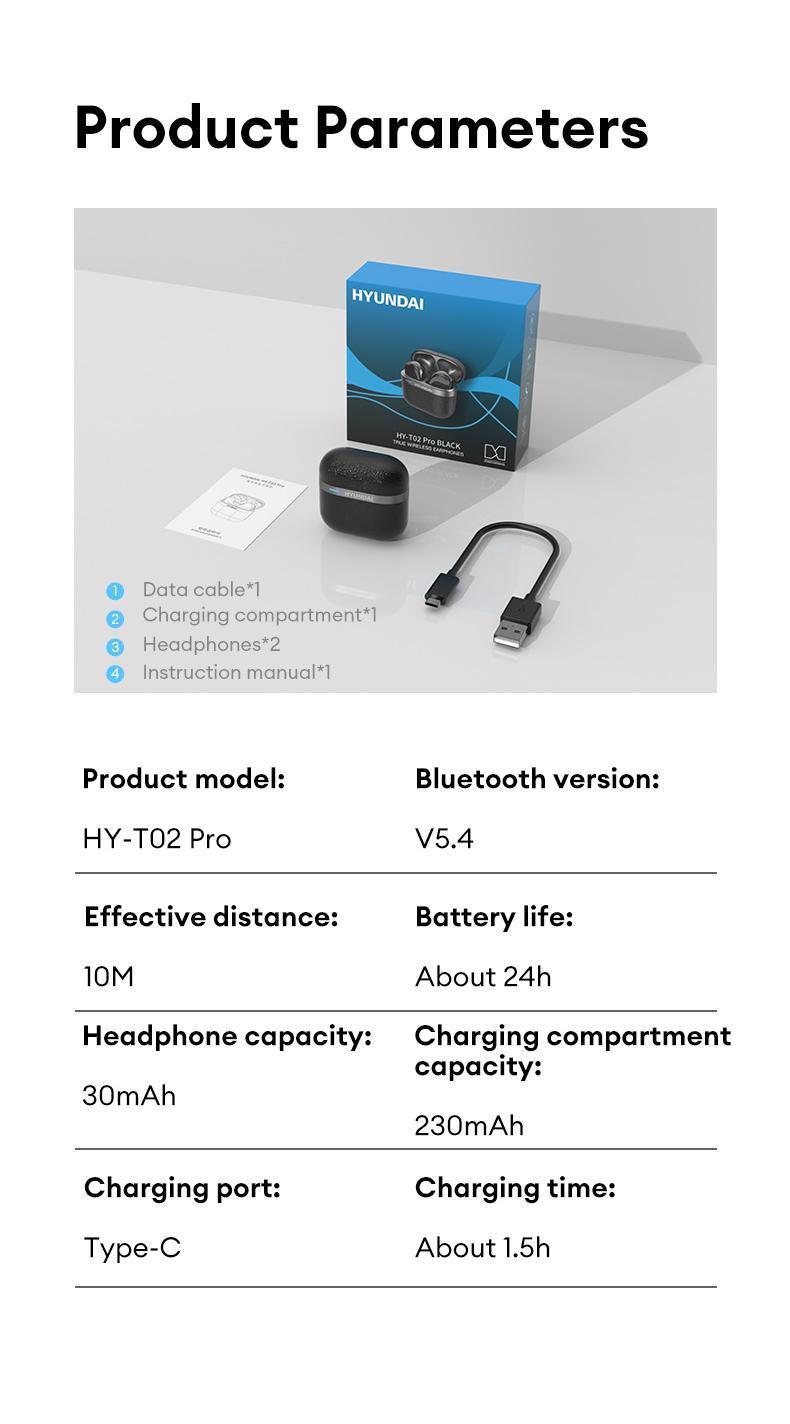 HYUNDAI T02 PRO True Wireless Bluetooth Earbuds HIFI Sound Quality Headset, Waterproof & Sweat Resistant Sports Headphones with Mic Suitable for Music/Phone Calls(Download App to use Translation Function)