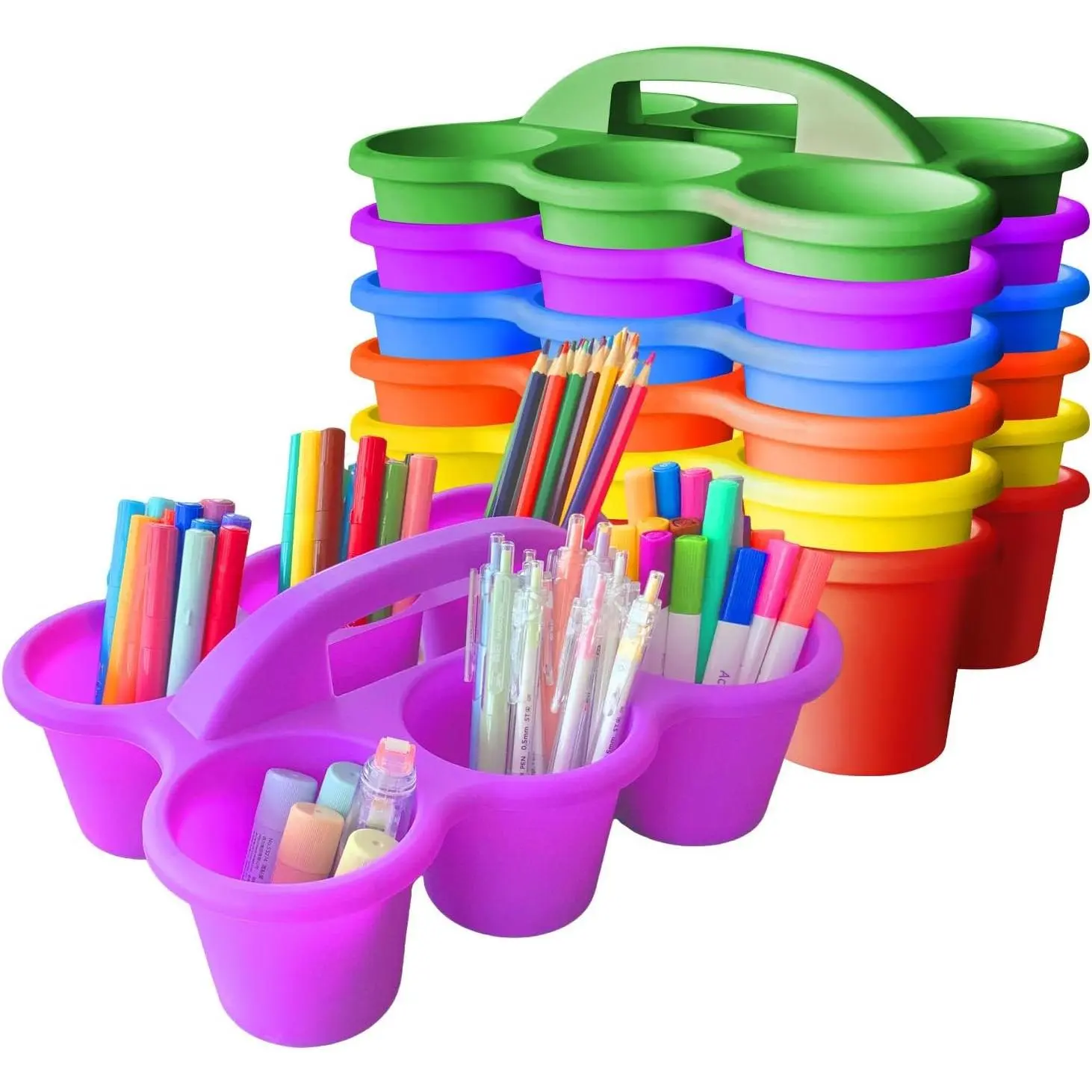 6 Pack Classroom Caddy Organizer with Handle Multicolor Plastic Table Caddy 6 Compartments Storage Cup Holder for School Supplies Art Crafts Crayons Pencils Stackable Desk Caddy for Office