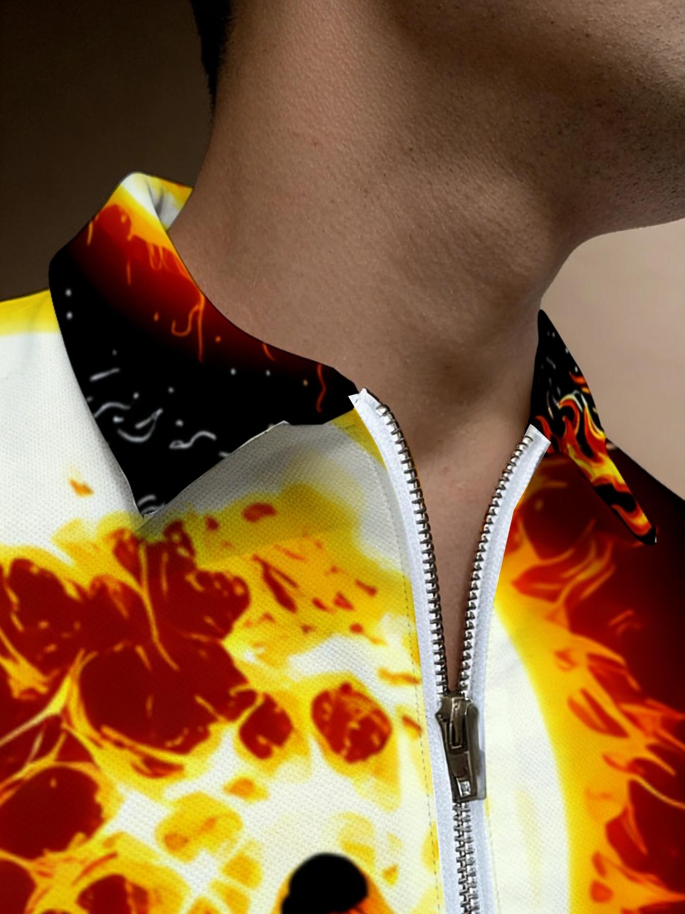 Men's Short Sleeve Hawaiian Polo Shirt with Flame Wolf Pattern, Summer Beach Casual Printed Top