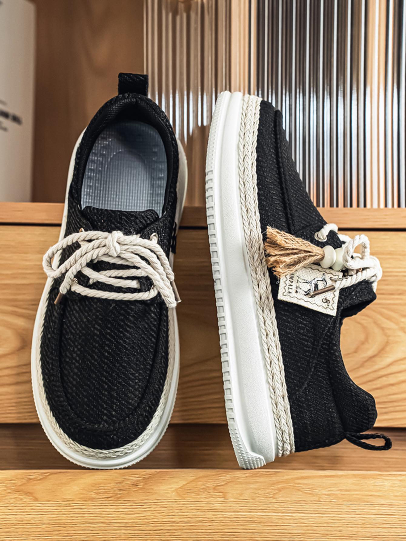 New Summer Men's Cotton Linen Shoes, Breathable Non-Stuffy, Straw Trim Fringe Design, Casual Retro Style, Perfect for Daily Wear
